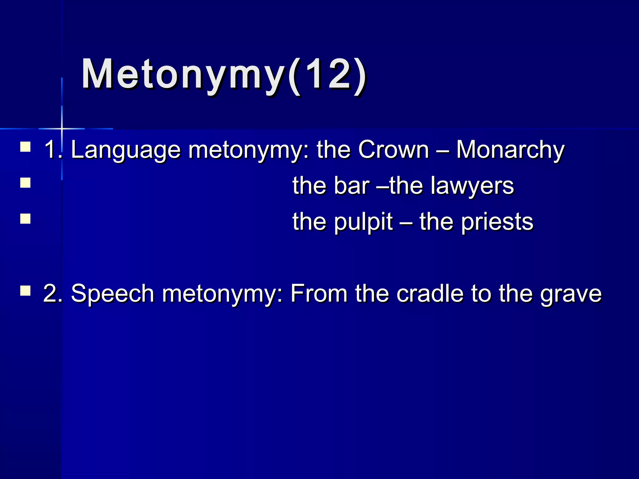 Metonymy(12)
   1. Language metonymy: the Crown – Monarchy
                      the bar –the lawyers
                      the pulpit – the priests

   2. Speech metonymy: From the cradle to the grave
 