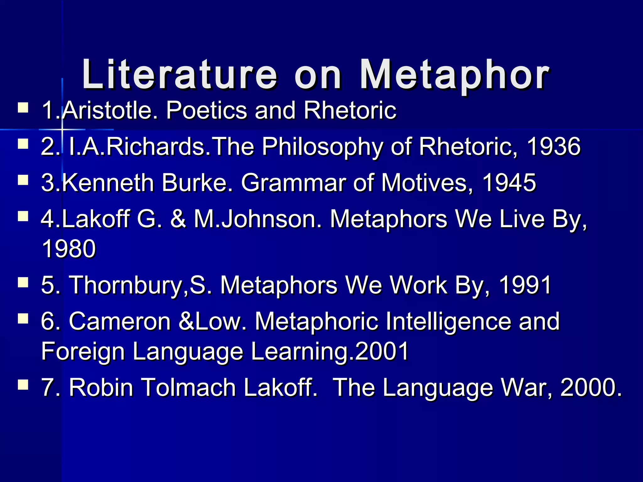 Literature on Metaphor
   1.Aristotle. Poetics and Rhetoric
   2. I.A.Richards.The Philosophy of Rhetoric, 1936
   3.Kenneth Burke. Grammar of Motives, 1945
   4.Lakoff G. & M.Johnson. Metaphors We Live By,
    1980
   5. Thornbury,S. Metaphors We Work By, 1991
   6. Cameron &Low. Metaphoric Intelligence and
    Foreign Language Learning.2001
   7. Robin Tolmach Lakoff. The Language War, 2000.
 