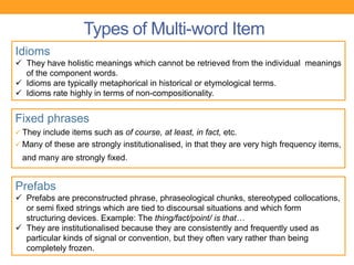 Types of Multi-word Item
Idioms
 They have holistic meanings which cannot be retrieved from the individual meanings
  of the component words.
 Idioms are typically metaphorical in historical or etymological terms.
 Idioms rate highly in terms of non-compositionality.


Fixed phrases
 They include items such as of course, at least, in fact, etc.
 Many of these are strongly institutionalised, in that they are very high frequency items,
  and many are strongly fixed.


Prefabs
 Prefabs are preconstructed phrase, phraseological chunks, stereotyped collocations,
  or semi fixed strings which are tied to discoursal situations and which form
  structuring devices. Example: The thing/fact/point/ is that…
 They are institutionalised because they are consistently and frequently used as
  particular kinds of signal or convention, but they often vary rather than being
  completely frozen.
 