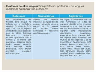 ◦ Préstamos de otras lenguas: Son préstamos posteriores, de lenguas
modernas europeas y no europeas:
Galicismos Germanismos Anglicismos
Los procedentes del
francés. Esta lengua ha
influido en el castellano
desde la Edad Media. En el
siglo XVIII, con la llegada
de los Borbones a España y
con las ideas ilustradas
francesas, entraron
muchos galicismos con la
cultura y la moda. Son
galicismos palabras como
jardín, garaje, autobús,
bidé, bricolaje, bujía,
burocracia, buró, chófer,
entrecot, escalope,
extranjero, etc.
Vienen del alemán
moderno. Ejemplos: brindis,
cuarzo, vals, vatio, vermú o
vermut, etc. En general,
son mucho menos
numerosos y frecuentes
que los anteriores.
Del inglés. Actualmente son los
más numerosos en todos los
campos, debido a los avances
tecnológicos y a otros factores
de tipo económico y cultural. El
español está incorporando
abundantes anglicismos,
especialmente en el vocabulario
del deporte, de la economía y el
mundo de los negocios y de la
informática : Apartamento, bisté
o bistec, boicot, boxeo, brandy,
club, cóctel, tráiler, tranvía,
turista, váter, whisky, set, puzle,
test, sándwich, squash, sport,
windsurf, stand, marketing, chat,
disquete, web, etc., etc.
 