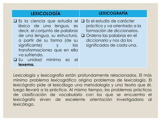 LEXICOLOGÍA LEXICOGRAFÍA
 Es la ciencia que estudia el
léxico de una lengua, es
decir, el conjunto de palabras
de una lengua, su estructura,
a partir de su forma (de su
significante) y las
transformaciones que en ella
va sufriendo.
 Su unidad mínima es el
lexema.
 Es el estudio de carácter
práctico y va orientado a la
formación de diccionarios.
 Ordena las palabras en el
diccionario y nos da los
significados de cada una.
Lexicología y lexicografía están profundamente relacionadas. El más
mínimo problema lexicográfico origina problemas de lexicología. El
lexicógrafo pide al lexicólogo una metodología y una teoría que él,
luego llevará a la práctica. Al mismo tiempo, los problemas prácticos
de clasificación de vocabulario con los que se encuentra el
lexicógrafo sirven de excelente orientación investigadora al
lexicólogo.
 