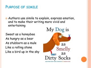 PURPOSE OF SIMILE
 Authors use simile to explain, express emotion,
and to make their writing more vivid and
entertaining
Sweet as a honeybee
As hungry as a bear
As stubborn as a mule
Like a rolling stone
Like a bird up in the sky
 