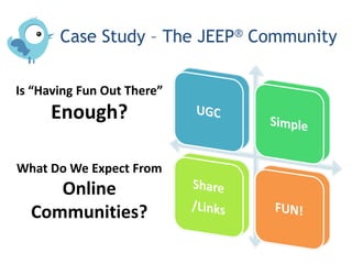 Case Study – The JEEP® Community

Is “Having Fun Out There”
     Enough?

What Do We Expect From
     Online
  Communities?
 