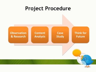 Project Procedure



Observation   Content    Case    Think for
& Research    Analysis   Study    Future
 