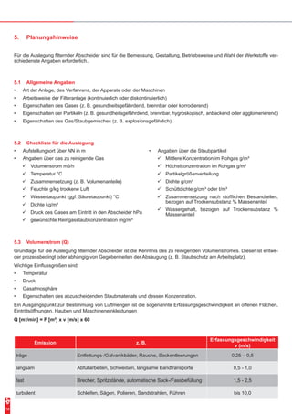 12
5.	 Planungshinweise
Für die Auslegung filternder Abscheider sind für die Bemessung, Gestaltung, Betriebsweise und Wahl der Werkstoffe ver-
schiedenste Angaben erforderlich..
5.1	 Allgemeine Angaben
•	 Art der Anlage, des Verfahrens, der Apparate oder der Maschinen
•	 Arbeitsweise der Filteranlage (kontinuierlich oder diskontinuierlich)
•	 Eigenschaften des Gases (z. B. gesundheitsgefährdend, brennbar oder korrodierend)
•	 Eigenschaften der Partikeln (z. B. gesundheitsgefährdend, brennbar, hygroskopisch, anbackend oder agglomerierend)
•	 Eigenschaften des Gas/Staubgemisches (z. B. explosionsgefährlich)
5.2	 Checkliste für die Auslegung
•	 Aufstellungsort über NN in m
•	 Angaben über das zu reinigende Gas
99 Volumenstrom m3/h
99 Temperatur °C
99 Zusammensetzung (z. B. Volumenanteile)
99 Feuchte g/kg trockene Luft
99 Wassertaupunkt (ggf. Säuretaupunkt) °C
99 Dichte kg/m³
99 Druck des Gases am Eintritt in den Abscheider hPa
99 gewünschte Reingasstaubkonzentration mg/m³
•	 Angaben über die Staubpartikel
99 Mittlere Konzentration im Rohgas g/m³
99 Höchstkonzentration im Rohgas g/m³
99 Partikelgrößenverteilung
99 Dichte g/cm³
99 Schüttdichte g/cm³ oder t/m³
99 Zusammensetzung nach stofflichen Bestandteilen,
bezogen auf Trockensubstanz % Massenanteil
99 Wassergehalt, bezogen auf Trockensubstanz %
Massenanteil
5.3	 Volumenstrom (Q)
Grundlage für die Auslegung filternder Abscheider ist die Kenntnis des zu reinigenden Volumenstromes. Dieser ist entwe-
der prozessbedingt oder abhängig von Gegebenheiten der Absaugung (z. B. Staubschutz am Arbeitsplatz).
Wichtige Einflussgrößen sind:
•	 Temperatur
•	 Druck
•	 Gasatmosphäre
•	 Eigenschaften des abzuscheidenden Staubmaterials und dessen Konzentration.
Ein Ausgangspunkt zur Bestimmung von Luftmengen ist die sogenannte Erfassungsgeschwindigkeit an offenen Flächen,
Eintrittsöffnungen, Hauben und Maschineneinkleidungen
Q [m³/min] = F [m²] x v [m/s] x 60
Emission z. B.
Erfassungsgeschwindigkeit
v (m/s)
träge Entfettungs-/Galvanikbäder, Rauche, Sackentleerungen 0,25 – 0,5
langsam Abfüllarbeiten, Schweißen, langsame Bandtransporte 0,5 - 1,0
fast Brecher, Spritzstände, automatische Sack-/Fassbefüllung 1,5 - 2,5
turbulent Schleifen, Sägen, Polieren, Sandstrahlen, Rühren bis 10,0
 