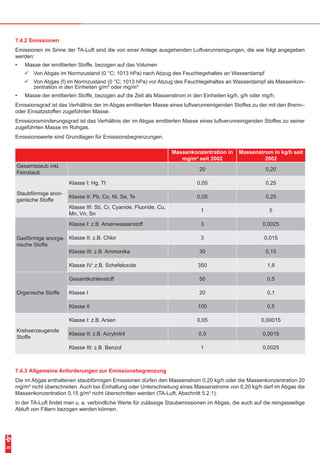 20
7.4.2	Emissionen
Emissionen im Sinne der TA-Luft sind die von einer Anlage ausgehenden Luftverunreinigungen, die wie folgt angegeben
werden:
•	 Masse der emittierten Stoffe, bezogen auf das Volumen
99 Von Abgas im Normzustand (0 °C; 1013 hPa) nach Abzug des Feuchtegehaltes an Wasserdampf
99 Von Abgas (f) im Normzustand (0 °C; 1013 hPa) vor Abzug des Feuchtegehaltes an Wasserdampf als Massenkon-
zentration in den Einheiten g/m³ oder mg/m³
•	 Masse der emittierten Stoffe, bezogen auf die Zeit als Massenstrom in den Einheiten kg/h, g/h oder mg/h.
Emissionsgrad ist das Verhältnis der im Abgas emittierten Masse eines luftverunreinigenden Stoffes zu der mit den Brenn–
oder Einsatzstoffen zugeführten Masse.
Emissionsminderungsgrad ist das Verhältnis der im Abgas emittierten Masse eines luftverunreinigenden Stoffes zu seiner
zugeführten Masse im Rohgas.
Emissionswerte sind Grundlagen für Emissionsbegrenzungen.
Massenkonzentration in
mg/m³ seit 2002
Massenstrom in kg/h seit
2002
Gesamtstaub inkl.
Feinstaub
20 0,20
Staubförmige anor-
ganische Stoffe
Klasse I: Hg, TI 0,05 0,25
Klasse II: Pb, Co, Ni, Se, Te 0,05 0,25
Klasse III: Sb, Cr, Cyanide, Fluoride, Cu,
Mn, Vn, Sn
1 5
Gasförmige anorga-
nische Stoffe
Klasse I: z.B. Arsenwasserstoff 3 0,0025
Klasse II: z.B. Chlor 3 0,015
Klasse III: z.B. Ammonika 30 0,15
Klasse IV: z.B. Schefeloxide 350 1,8
Organische Stoffe
Gesamtkohlenstoff 50 0,5
Klasse I 20 0,1
Klasse II 100 0,5
Krebserzeugende
Stoffe
Klasse I: z.B. Arsen 0,05 0,00015
Klasse II: z.B. Acrylnitril 0,5 0,0015
Klasse III: z.B. Benzol 1 0,0025
7.4.3	Allgemeine Anforderungen zur Emissionsbegrenzung
Die im Abgas enthaltenen staubförmigen Emissionen dürfen den Massenstrom 0,20 kg/h oder die Massenkonzentration 20
mg/m³ nicht überschreiten. Auch bei Einhaltung oder Unterschreitung eines Massenstroms von 0,20 kg/h darf im Abgas die
Massenkonzentration 0,15 g/m³ nicht überschritten werden (TA-Luft, Abschnitt 5.2.1).
In der TA-Luft findet man u. a. verbindliche Werte für zulässige Staubemissionen im Abgas, die auch auf die reingasseitige
Abluft von Filtern bezogen werden können.
 