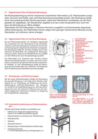9
1.	 Druckluftbehälter
2.	 Membranventil
3.	 Zwischenboden zur Aufnah-
me der Filtermedien
4.	 Reingaskammer
5.	 Filtrierender Schlauch
6.	 Stützkorb
7.	 Rohgaseintritt
8.	 Prallblech zur Verteilung der
Gasströmung
9.	 Düsenstock
10.	 Reingasaustritt
11.	 Einlaufdüse
12.	 Filterschlauch während der
Abreinigung
13.	 Staubsammelraum
14.	 Staubaustrag
3.7	 Regenerierbare Filter mit Rückspül-Abreinigung
Die Rückspülabreinigung wird für mechanisch empfindliche Filtermedien (z.B. Filterkassetten) einge-
setzt, die durch eine Rüttel- oder Jet-Pulse-Abreinigung beschädigt würden. Die Abreinigung erfolgt
durch eine partiell gerichtete Strömungsumkehr, wobei das Filtermedium schrittweise von der Rein-
gasseite her abgeblasen, der Staubkuchen abgelöst und nach unten transportiert wird. Auch hier
kann die Abreinigung nur offline erfolgen.
Üblichweise wird die Filteranlage in mehreren Kammern ausgeführt und kammerweise abgereinigt
(offline-Abreinigung). Die Filtermedien können wegen ihrer geringen mechanischen Beanspruchung
Standzeiten von mehreren Jahren erlangen.
3.8	 Regenerierbare Filter mit Jet-Pulse Abreinigung
Die bei Filtrationsabscheidern am häufigsten angewandte
und modernste Form der Abreinigung ist das Druckstoß-
verfahren (Jet-Pulse Abreinigung). Inzwischen hat sich die-
se Abreinigungsart weitgehend als Standard durchgesetzt.
Die Abreinigung erfolgt bei Jet-Pulse Anlagen durch einen
intensiven Druckluft-Stoß, der schlagartig die Strömungs-
richtung umkehrt, dadurch die Filterelemente kurz aufbläht
und den Filterkuchen durch Impulsübertragung ablöst.
Die Filtermedien (z.B. Schläuche oder Taschen) werden
während der Filtrationsphase von außen nach innen durch-
strömt; ein Stützrahmen gibt dem Element die entsprechen-
de Stabilität. Je nach Staubbelastung erfolgt die Abreini-
gung durch Druckstoß alle 1 bis 10 Minuten; normalerweise
über die Messung des Filterdifferenzdruckes geregelt.
Filtrier- und Abreinigungs-
vorgang eines druckluftab-
gereinigten Filterschlauchs
Abreinigungsvorgang im online-
Betrieb
Die Schlauchreihen 1, 2 und
4 befinden sich im Filtrierpro-
zess, während gleichzeitig die
Schlauchreihe 3 abgereinigt wird.
3.9	 Abreinigungs- und Filtrationsvorgang
Bei den ersten Staubabscheidern erfolgte die Abreinigung
als manuelle Reinigung, in der Folge durch Vibration, über
Spülluft bis zur Entwicklung und Etablierung der Druck-
luftabreinigung (Jet-Pulse-Abreinigung). Der Übergang
von Verfahren der Spülluftabreinigung zur Jet-Pulse-Abrei-
nigung hat durch die wirksame Entfernung der sich peri-
odisch ablagernden Filterkuchen erheblich zur Steigerung
der Energieeffizienz beigetragen.
3.10	 Konstruktive Ausführung von Filtrationsabschei-
dern
Filtrationsabscheider bestehen grundsätzlich aus:
•	 Filterkopf mit Regenerierungseinrichtung
(heute in der Regel Druckluftabreinigung)
•	 Zwischenboden zur Aufnahme der Filterelemente
•	 Filterelementen
•	 Gehäuse
•	 Staubsammelraum
•	 Staubaustrag in unterschiedlichen Ausführungen
•	 Zusatzkomponenten,
z. B. Abreinigungssteuerung, Austragsorgane u.a.
 