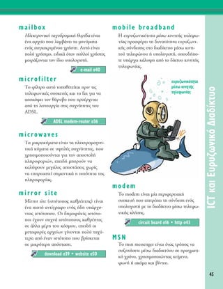 45
ICTÎ·ÈE˘Ú˘˙ˆÓÈÎﬁ¢È·‰›ÎÙ˘Ô
mailbox
HÏÂÎÙÚÔÓÈÎ‹ Ù·¯˘‰ÚÔÌÈÎ‹ ı˘Ú›‰· Â›Ó·È
¤Ó· ·Ú¯Â›Ô Ô˘ Ï·Ì‚¿ÓÂÈ Ù· ÌËÓ‡Ì·Ù·
ÂÓﬁ˜ Û˘ÁÎÂÎÚÈÌ¤ÓÔ˘ ¯Ú‹ÛÙË. ∞˘Ùﬁ Â›Ó·È
ÔÏ‡ ¯Ú‹ÛÈÌÔ, ÂÈ‰ÈÎ¿ ﬁÙ·Ó ÔÏÏÔ› ¯Ú‹ÛÙÂ˜
ÌÔÈÚ¿˙ÔÓÙ·È ÙÔÓ ›‰ÈÔ ˘ÔÏÔÁÈÛÙ‹.
microfilter
ΔÔ Ê›ÏÙÚÔ ·˘Ùﬁ ÙÔÔıÂÙÂ›Ù·È ÚÈÓ ÙÈ˜
ÙËÏÂÊˆÓÈÎ¤˜ Û˘ÛÎÂ˘¤˜ Î·È ÙÔ fax ÁÈ· Ó·
·ÔÎﬁ„ÂÈ ÙÔÓ ıﬁÚ˘‚Ô Ô˘ ÚÔ¤Ú¯ÂÙ·È
·ﬁ ÙË ÏÂÈÙÔ˘ÚÁ›· ÛÙÈ˜ Û˘¯ÓﬁÙËÙÂ˜ ÙÔ˘
ADSL.
microwaves
Δ· ÌÈÎÚÔÎ‡Ì·Ù· Â›Ó·È Ù· ËÏÂÎÙÚÔÌ·ÁÓË-
ÙÈÎ¿ Î‡Ì·Ù· ÛÂ ˘„ËÏ¤˜ Û˘¯ÓﬁÙËÙÂ˜, Ô˘
¯ÚËÛÈÌÔÔÈÔ‡ÓÙ·È ÁÈ· ÙËÓ ·ÔÛÙÔÏ‹
ÏËÚÔÊÔÚÈÒÓ, ÂÂÈ‰‹ ÌÔÚÔ‡Ó Ó·
Î·Ï‡„Ô˘Ó ÌÂÁ¿ÏÂ˜ ·ÔÛÙ¿ÛÂÈ˜ ¯ˆÚ›˜
Ó· ÂËÚÂ·ÛÙÂ› ÛËÌ·ÓÙÈÎ¿ Ë ÔÈﬁÙËÙ· ÙË˜
ÏËÚÔÊÔÚ›·˜.
mirror site
Mirror site (ÈÛÙﬁÙÔÔ˜ Î·ıÚ¤ÙË˜) Â›Ó·È
¤Ó· ÈÛÙﬁ ·ÓÙ›ÁÚ·ÊÔ ÂÓﬁ˜ ‹‰Ë ˘¿Ú¯Ô-
ÓÙÔ˜ ÈÛÙﬁÙÔÔ˘. OÈ ‰ËÌÔÊÈÏÂ›˜ ÈÛÙﬁÙÔ-
ÔÈ ¤¯Ô˘Ó Û˘¯Ó¿ ÈÛÙﬁÙÔÔ˘˜ Î·ıÚ¤ÙÂ˜
ÛÂ ¿ÏÏ· Ì¤ÚË ÙÔ˘ ÎﬁÛÌÔ˘, ÂÂÈ‰‹ ÔÈ
ÌÂÙ·ÊÔÚ¤˜ ·Ú¯Â›ˆÓ Á›ÓÔÓÙ·È ÔÏ‡ Ù·¯‡-
ÙÂÚ· ·ﬁ ¤Ó·Ó ÈÛÙﬁÙÔÔ Ô˘ ‚Ú›ÛÎÂÙ·È
ÛÂ ÌÈÎÚﬁÙÂÚË ·ﬁÛÙ·ÛË.
mobile broadband
H Â˘Ú˘˙ˆÓÈÎﬁÙËÙ· Ì¤Ûˆ ÎÈÓËÙ‹˜ ÙËÏÂÊˆ-
Ó›·˜ ÚÔÛÊ¤ÚÂÈ ÙË ‰˘Ó·ÙﬁÙËÙ· Â˘Ú˘˙ˆÓÈ-
Î‹˜ Û‡Ó‰ÂÛË˜ ÛÙÔ ‰È·‰›ÎÙ˘Ô Ì¤Ûˆ ÎÈÓË-
ÙÔ‡ ÙËÏÂÊÒÓÔ˘ ‹ ˘ÔÏÔÁÈÛÙ‹, ÔÔ˘‰‹Ô-
ÙÂ ˘¿Ú¯ÂÈ Î¿Ï˘„Ë ·ﬁ ÙÔ ‰›ÎÙ˘Ô ÎÈÓËÙ‹˜
ÙËÏÂÊˆÓ›·˜.
modem
ΔÔ modem Â›Ó·È Ì›· ÂÚÈÊÂÚÂÈ·Î‹
Û˘ÛÎÂ˘‹ Ô˘ ÂÈÙÚ¤ÂÈ ÙË Û‡Ó‰ÂÛË ÂÓﬁ˜
˘ÔÏÔÁÈÛÙ‹ ÌÂ ÙÔ ‰È·‰›ÎÙ˘Ô Ì¤Ûˆ ÙËÏÂÊˆ-
ÓÈÎ‹˜ ÎÏ‹ÛË˜.
MSN
ΔÔ msn messenger Â›Ó·È ¤Ó·˜ ÙÚﬁÔ˜ Ó·
Û˘˙ËÙ‹ÛÂÙÂ Ì¤Ûˆ ‰È·‰ÈÎÙ‡Ô˘ ÛÂ Ú·ÁÌ·ÙÈ-
Îﬁ ¯ÚﬁÓÔ, ¯ÚËÛÈÌÔÔÈÒÓÙ·˜ ÎÂ›ÌÂÓÔ,
ÊˆÓ‹ ‹ ·ÎﬁÌ· Î·È ‚›ÓÙÂÔ.
circuit board Û16 ñ http Û43
download Û39 ñ website Û50
ADSL modem-router Û36
e-mail Û40
Â˘Ú˘˙ˆÓÈÎﬁÙËÙ·
Ì¤Ûˆ ÎÈÓËÙ‹˜
ÙËÏÂÊˆÓ›·˜
 