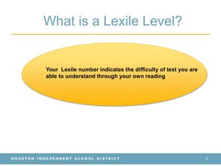 What is a Lexile Level?
3
Your Lexile number indicates the difficulty of text you are
able to understand through your own reading
 