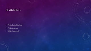 SCANNING 
• Finite State Machine 
• Finds Lexemes 
• Might backtrack 
 