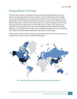 17Driverless Cars: Patent Landscape Analysis
Geographical Coverage
The figure below represents the geographical filing trend of patents/patent applications related to
driverless car technology. Japan has seen the maximum number of patent filings in this technology
domain, closely followed by USA. China, Germany and South Korea have also seen a good number of
patent filings. Since the research of autonomous car technology is expensive and initially people with
high spending capacity are likely to be the target audience for it, only the developed nations and a few
developing nations have a good number of patent filings. Major car makers in the autonomous car
industry like Toyota being based out of Japan make it the leading country with 6492 Patents/Patent
Application. The US being the home country of tech companies like Alphabet and major car makers like
Ford and GM has 6047 Patents/Patent application under driverless car technology.
Germany also has a good number of intellectual property filed because of its massive auto industry and
being the home of major car makers like BMW and Volkswagen.
Fig. 9: Map representing jurisdiction with highest to lowest filing situations
 