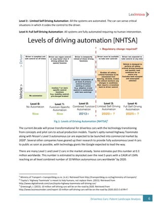 6Driverless Cars: Patent Landscape Analysis
Level 3 - Limited Self Driving Automation: All the systems are automated. The car can sense critical
situations in which it cedes the control to the driver.
Level 4: Full Self Driving Automation: All systems are fully automated requiring no human intervention.
Fig.1: Levels of Driving Automation [NHTSA]5
The current decade will prove transformational for driverless cars with the technology transitioning
from concepts and pilot cars to actual production models. Toyota’s aptly named Highway Teammate
along with Nissan’s Level 3 autonomous car are expected to be launched into commercial market by
20206
. Several other companies have geared up their research to provide fully autonomous Level 4 cars
to public as soon as possible, with technology giants like Google expected to lead the way.
There are many Level 1 and Level 2 cars in the market already. Some estimates put this number at 0.3
million worldwide. This number is estimated to skyrocket over the next 5 years with a CAGR of 134%
reaching an all level combined number of 10 Million autonomous cars worldwide7
by 2020.
5
Ministry of Transport « transportblog.co.nz. (n.d.). Retrieved from http://transportblog.co.nz/tag/ministry-of-transport/
6
Toyota’s ‘Highway Teammate’ is meant to help humans, not replace them. (2015). Retrieved from
http://www.digitaltrends.com/cars/toyota-highway-teammate-self-driving-car/
7
Greenough, J. (2015). 10 million self-driving cars will be on the road by 2020. Retrieved from
http://www.businessinsider.com/report-10-million-self-driving-cars-will-be-on-the-road-by-2020-2015-5-6?IR=T
 