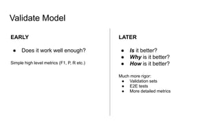 Validate Model
EARLY
● Does it work well enough?
Simple high level metrics (F1, P, R etc.)
LATER
● Is it better?
● Why is ...