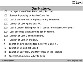 2001  Incorporation of Lexi Pens (India) Pvt. Ltd. 2001  Started Exporting to Nearby Countries.  2002  Lexi 5 became India’s Highest Selling Pen Model. 2003  Launch of Lexi IQ and Lexi Fx. 2004  Lexi 5 Largest Selling Pen in Sri Lanka for consecutive 4 years. 2004  Lexi becomes largest selling pen in Yemen. 2005  Launch of Lexi G and Lexi Sharp. Launch of Lexi 5n and SLM. Launch of two new models, Lexi 10 i & Lexi 1 .  Launch of V5 and Jet Speed Launch of Easy Flow and Many more in the Pipeline Successful Launch of Allwrite Pens Our History.. ISO 9001:2000   www.lexipens.com  