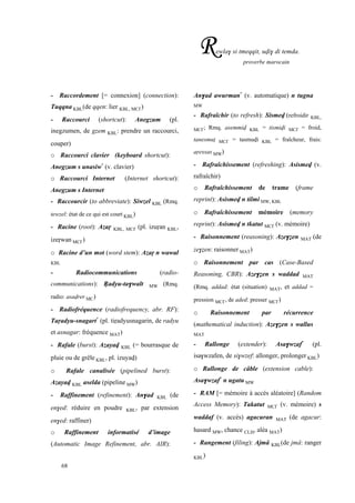 68
Rewla$ si tmeqqit, uvi$ di temda.
proverbe marocain
- Raccordement [= connexion] (connection):
Tuqqna KBL(de qqen: lier KBL, MC£)
- Raccourci (shortcut): Anegzum (pl.
inegzumen, de gzem KBL: prendre un raccourci,
couper)
o Raccourci clavier (keyboard shortcut):
Anegzum s unasiw*
(v. clavier)
o Raccourci Internet (Internet shortcut):
Anegzum s Internet
- Raccourcir (to abbreviate): Siwzel KBL (Rmq.
tewzel: état de ce qui est court KBL)
- Racine (root): Azaô KBL, MC£ (pl. izuôan KBL,
izeôwan MC£)
o Racine d’un mot (word stem): Azaô n wawal
KBL
- Radiocommunications (radio-
communications): Öadyu-ta$walt MW (Rmq.
radio: asavrer MC)
- Radiofréquence (radiofrequency, abr. RF):
Taôadyu-snagart*
(pl. tiôadyusnagarin, de radyu
et asnagar: fréquence MAT)
- Rafale (burst): Azayav KBL (= bourrasque de
pluie ou de grêle KBL, pl. izuyav)
o Rafale canalisée (pipelined burst):
Azayav KBL aselda (pipeline MW)
- Raffinement (refinement): An$ad KBL (de
en$ed: réduire en poudre KBL, par extension
en$ed: raffiner)
o Raffinement informatisé d’image
(Automatic Image Refinement, abr. AIR):
An$ad awurman*
(v. automatique) n tugna
MW
- Rafraîchir (to refresh): Sismev (refroidir KBL,
MC£; Rmq. asemmiv KBL = tismivi MC£ = froid,
tanesmuî MC£ = tasmuvi KBL = fraîcheur, frais:
aôexsas MW)
- Rafraîchissement (refreshing): Asismev (v.
rafraîchir)
o Rafraîchissement de trame (frame
reprint): Asismev n tilmi MW, KBL
o Rafraîchissement mémoire (memory
reprint): Asismev n tkatut MC£ (v. mémoire)
- Raisonnement (reasoning): Aze$éen MAT (de
ze$éen: raisonner MAT)
o Raisonnement par cas (Case-Based
Reasoning, CBR): Aze$éen s waddad MAT
(Rmq. addad: état (situation) MAT, et addad =
pression MC£, de aded: presser MC£)
o Raisonnement par récurrence
(mathematical induction): Aze$éen s wallus
MAT
- Rallonge (extender): Asa$wzaf*
(pl.
isa$wzafen, de si$wzef: allonger, prolonger KBL)
o Rallonge de câble (extension cable):
Asa$wzaf*
n ugatu MW
- RAM [= mémoire à accès aléatoire] (Random
Access Memory): Takatut MC£ (v. mémoire) s
waddaf (v. accès) agacuran MAT (de agacur:
hasard MW, chance CLH, aléa MAT)
- Rangement (filing): Ajmâ KBL(de jmâ: ranger
KBL)
 
