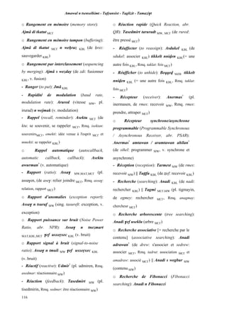 Amawal n tsenselkimt - Tafôansist - Taglizit - Tamazi$t
116
o Rangement en mémoire (memory store):
Ajmâ di tkatut MC£
o Rangement en mémoire tampon (buffering):
Ajmâ di tkatut MC£ n weêraz KBL (de êrez:
sauvegarder KBL)
o Rangement par interclassement (sequencing
by merging): Ajmâ s wezday (de zdi: fusionner
KBL, v. fusion)
- Ranger (to put): Jmâ KBL
- Rapidité de modulation (baud rate,
modulation rate): Arured (vitesse MW, pl.
irurad) n wejmak (v. modulation)
- Rappel (recall, reminder): Asektu MC£ (de
ktu: se souvenir, se rappeler MC£, Rmq. isektan:
souvenirsMC£, emekti: idée venue à l'esprit MC£ et
mmekti: se rappeler KBL)
o Rappel automatique (autocallback,
automatic callback, callback): Asektu
awurman*
(v. automatique)
- Rapport (ratio): Assa$ MW,MAT,MC£ (pl.
assa$en, (de ase$: relier joindre MC£, Rmq. assa$:
relation, rapport MC£)
o Rapport d’anomalies (exception report):
Assa$ n tsuraf MW (sing. tasureft: exception, v.
exception)
o Rapport puissance sur bruit (Noise Power
Ratio, abr. NPR): Assa$ n tnezmart
MAT,KBL,MC£ $ef usxeôxec KBL (v. bruit)
o Rapport signal à bruit (signal-to-noise
ratio): Assa$ n tmuli MW $ef usxeôxec KBL
(v. bruit)
- Réactif (reactive): Udmir*
(pl. udmiren, Rmq.
asedmar: réactionnaire MW)
- Réaction (feedback): Tasedmirt MW (pl.
tisedmirin, Rmq. sedmer: être réactionnaire MW)
o Réaction rapide (Quick Reaction, abr.
QR): Tasedmirt taruradt MW, MC£ (de rured:
être pressé MC£)
- Réaffecter (to reassign): Asdukel KBL (de
sdukel: associer KBL) tikkelt nniven KBL(= une
autre fois KBL, Rmq. taklat: fois MC£)
- Réafficher (to unhide): Beqqev MZB tikkelt
nniven KBL (= une autre fois KBL, Rmq. taklat:
fois MC£)
- Récepteur (receiver): Anermas*
(pl.
inermasen, de rmes: recevoir MW, Rmq. rmes:
prendre, attraper MC£)
o Récepteur synchrone/asynchrone
programmable (Programmable Synchronous
/ Asynchronous Receiver, abr. PSAR):
Anermas*
amtawan / aramtawan ahilan*
(de sihel: programmer MW, v. synchrone et
asynchrone)
- Réception (reception): Tarmest MW (de rmes:
recevoir MW) || Tuîîfa KBL (de îîef: recevoir KBL)
- Recherche (searching): Anadi KBL (de nadi:
rechercher KBL) || Tagmi MC£,MW (pl. tigmayin,
de egmey: rechercher MC£, Rmq. anagmay:
chercheur MC£)
o Recherche arborescente (tree searching):
Anadi $ef useklu (arbre MC£)
o Recherche associative [= recherche par le
contenu] (associative searching): Anadi
adrawan*
(de drew: s'associer et sedrew:
associer MC£, Rmq. tadrut: association MC£ et
amadraw: associé MC£) || Anadi s wegbur MW
(contenu MW)
o Recherche de Fibonacci (Fibonacci
searching): Anadi n Fibonacci
 