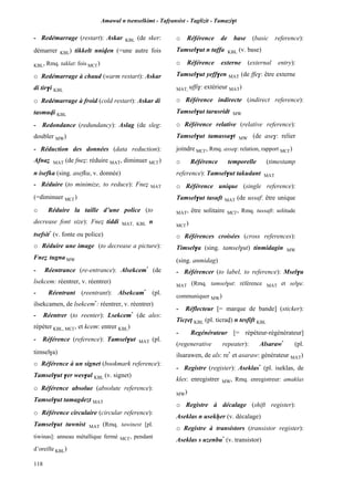 Amawal n tsenselkimt - Tafôansist - Taglizit - Tamazi$t
118
- Redémarrage (restart): Askar KBL (de sker:
démarrer KBL) tikkelt nniven (=une autre fois
KBL, Rmq. taklat: fois MC£)
o Redémarrage à chaud (warm restart): Askar
di tir$i KBL
o Redémarrage à froid (cold restart): Askar di
tasmuvi KBL
- Redondance (redundancy): Aslag (de sleg:
doubler MW)
- Réduction des données (data reduction):
Afnaé MAT (de fneé: réduire MAT, diminuer MC£)
n isefka (sing. asefku, v. donnée)
- Réduire (to minimize, to reduce): Fneé MAT
(=diminuer MC£)
o Réduire la taille d’une police (to
decrease font size): Fneé tiddi MAT, KBL n
tsefsit*
(v. fonte ou police)
o Réduire une image (to decrease a picture):
Fneé tugna MW
- Réentrance (re-entrance): Alsekcem*
(de
lsekcem: réentrer, v. réentrer)
- Réentrant (reentrant): Alsekcam*
(pl.
ilsekcamen, de lsekcem*
: réentrer, v. réentrer)
- Réentrer (to reenter): Lsekcem*
(de ales:
répéter KBL, MC£, et kcem: entrer KBL)
- Référence (reference): Tamsel$ut MAT (pl.
timsel$a)
o Référence à un signet (bookmark reference):
Tamsel$ut $er wes$al KBL (v. signet)
o Référence absolue (absolute reference):
Tamsel$ut tamagdezt MAT
o Référence circulaire (circular reference):
Tamsel$ut tuwnist MAT (Rmq. tawinest [pl.
tiwinas]: anneau métallique fermé MC£, pendant
d’oreille KBL)
o Référence de base (basic reference):
Tamsel$ut n taffa KBL (v. base)
o Référence externe (external entry):
Tamsel$ut yeff$en MAT (de ffe$: être externe
MAT, uffi$: extérieur MAT)
o Référence indirecte (indirect reference):
Tamsel$ut tarusridt MW
o Référence relative (relative reference):
Tamsel$ut tamassa$t MW (de ase$: relier
joindre MC£, Rmq. assa$: relation, rapport MC£)
o Référence temporelle (timestamp
reference): Tamsel$ut takudant MAT
o Référence unique (single reference):
Tamsel$ut tasuft MAT (de ussaf: être unique
MAT, être solitaire MC£, Rmq. tussaft: solitude
MC£)
o Références croisées (cross references):
Timsel$a (sing. tamsel$ut) tinmidagin MW
(sing. anmidag)
- Référencer (to label, to reference): Msel$u
MAT (Rmq. tamsel$ut: référence MAT et sel$u:
communiquer MW)
- Réflecteur [= marque de bande] (sticker):
Ticôeî KBL (pl. ticrav) n tesfift KBL
- Regénérateur [= répéteur-régénérateur]
(regenerative repeater): Alsaraw*
(pl.
ilsarawen, de als: re*
et asaraw: générateur MAT)
- Registre (register): Aseklas*
(pl. iseklas, de
kles: enregistrer MW, Rmq. enregistreur: amaklas
MW)
o Registre à décalage (shift register):
Aseklas n usekêer (v. décalage)
o Registre à transistors (transistor register):
Aseklas s uzenbu*
(v. transistor)
 