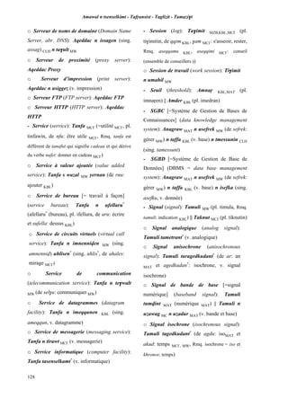 Amawal n tsenselkimt - Tafôansist - Taglizit - Tamazi$t
128
o Serveur de noms de domaine (Domain Name
Server, abr. DNS): Aqeddac n issagen (sing.
assag) CLH n ta$ult MW
o Serveur de proximité (proxy server):
Aqeddac Proxy
o Serveur d’impression (print server):
Aqeddac n usiggez (v. impression)
o Serveur FTP (FTP server): Aqeddac FTP
o Serveur HTTP (HTTP server): Aqeddac
HTTP
- Service (service): Tanfa MC£ (=utilité MC£, pl.
tinfawin, de nfu: être utile MC£, Rmq. tanfa est
différent de tanafut qui signifie cadeau et qui dérive
du verbe nufet: donner en cadeau MC£)
o Service à valeur ajoutée (value added
service): Tanfa s wazal MW yernan (de rnu:
ajouter KBL)
o Service de bureau [= travail à façon]
(service bureau): Tanfa n ufellaru*
(afellaru*
(bureau), pl. ifellura, de aru: écrire
et sufella: dessus KBL)
o Service de circuits virtuels (virtual call
service): Tanfa n imnenniven MW (sing.
amnenniv) uhlisen*
(sing. uhlis*
, de ahales:
mirage MC£)
o Service de communication
(telecommunication service): Tanfa n te$walt
MW (de sel$u: communiquer MW)
o Service de datagrammes (datagram
facility): Tanfa n imeqqunen KBL (sing.
ameqqun, v. datagramme)
o Service de messagerie (messaging service):
Tanfa n tirawt MC£ (v. messagerie)
o Service informatique (computer facility):
Tanfa tasenselkamt*
(v. informatique)
- Session (log): Ta$imit MZB,KBL,MC£ (pl.
ti$imitin, de qqim KBL, $am MC£: s'asseoir, rester,
Rmq. aseqqamu KBL, aseqqimi MC£: conseil
(ensemble de conseillers ))
o Session de travail (work session): Ti$imit
n umahil MW
- Seuil (threshold): Amnaô KBL,MAT (pl.
imnaôen) || Amder KBL (pl. imedran)
- SGBC [=Système de Gestion de Bases de
Connaissances] (data knowledge management
system): Anagraw MAT n usefrek MW (de sefrek:
gérer MW) n taffa KBL (v. base) n tmessunin CLH
(sing. tamessunt)
- SGBD [=Système de Gestion de Base de
Données] (DBMS = data base management
system): Anagraw MAT n usefrek MW (de sefrek:
gérer MW) n taffa KBL (v. base) n isefka (sing.
asefku, v. donnée)
- Signal (signal): Tamuli MW (pl. timula, Rmq.
tamuli: indication KBL) || Taknut MC£ (pl. tiknutin)
o Signal analogique (analog signal):
Tamuli tametrant*
(v. analogique)
o Signal anisochrone (anisochronous
signal): Tamuli taragedkudant*
(de ar: an
MAT et agedkudan*
: isochrone, v. signal
isochrone)
o Signal de bande de base [=signal
numérique] (baseband signal): Tamuli
tumvint MAT (numérique MAT) || Tamuli n
uzawag MC n uzadur MAT (v. bande et base)
o Signal isochrone (isochronous signal):
Tamuli tagedkudant*
(de agdu: isoMAT et
akud: temps MC£, MW, Rmq. isochrone = iso et
khronos: temps)
 