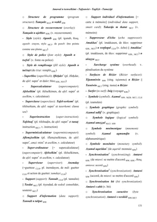 Amawal n tsenselkimt - Tafôansist - Taglizit - Tamazi$t
131
o Structure de programme (program
structure): Tamûukt MAT n wahil MW
o Structure de recouvrement (overlay):
Tamûukt n ujebber KBL (v. recouvrement)
- Style (style): A$anib MW (pl. i$unab, Rmq.
a$anib: crayon, stylo MC£, de $uneb: être pointu
comme une plume MC£)
o Style de police (font style): A$anib n
tsefsit*
(v. fonte ou police)
o Style de remplissage (fill style): A$anib n
taççaôt (de ççaô: remplir KBL)
- Superbloc (superblock): Ifleêder*
(pl. ifleêdar,
de afel: super*
et iêder: bloc KBL, MAT)
- Supercalculateur (supercomputer):
Afelselkim*
(pl. ifelselkimen, de afel: super*
et
aselkim, v. calculateur)
- Superclasse (superclass): Tafel-serkemt*
(pl.
tifelserkam, de afel: super*
et taserkemt: classe
MW)
- Superinstruction (super-instruction):
Tafelnaî*
(pl. tifelnavin, de afel: super*
et tanaî:
instruction MC£, v. instruction)
- Superminicalculateur (superminicomputer):
Afleméiselkim (pl. ifleméiselkimen, de afel:
super*
, améi: mini*
et aselkim, v. calculateur)
- Super-ordinateur [= supercalculateur]
(supercomputer): Afelselkim*
(pl. ifelselkimen,
de afel: super*
et aselkim, v. calculateur)
- Superviseur (supervisor): Anemday
(=guetteur CLH, pl. inemdayen, de mdi: guetter
CLH et action de guetter: tamdayt CLH)
- Support (support): Tannalt CLH (pl. tannalin)
|| Tasdat MC£ (pl. tiyesdad, de seded: consolider,
soutenir MC£)
o Support d'information (data support):
Tannalt n tal$ut MW
o Support individuel d'informations [=
carte à mémoire] (individual data support,
smart card): Takarva m tkatut MC£ (v.
mémoire)
- Suppresseur d'écho (echo suppressor):
Amakkas*
(pl. imakkasen, de kkes: supprimer
KBL, MC£) n we$la$al CLH (v. écho) || Amakkas*
(pl. imakkasen, de kkes: supprimer KBL, MC£) n
ukuyya MC£
- Surcharge système (overhead): v.
pénalisation du système
- Surfaces de Bézier (Bézier surfaces):
Tijummiwin MW (sing. tajumma) n Bézier ||
Tasniwin MC£ (sing. tasna) n Bézier
- Surfer (to surf): Inig (voyager KBL)
- Symbole (symbol): Azamul MW, MZB, MC£, CLH
(pl. izamulen)
o Symbole graphique (graphic symbol):
Azamul udlif*
(v. graphique)
o Symbole logique (logical symbol):
Azamul ameééul MAT, MW
o Symbole mnémonique (mnemonic
symbol): Azamul agmumvin (v.
alphanumérique)
o Symbole monétaire (monetary symbol):
Azamul aqaridan*
(de aqarid: monnaie MW)
- Synchronisation1
(synchronizing): Amtawi
KBL (de mtawi: se mettre d'accord MW, KBL, Rmq.
amtawa: accord MW)
- Synchronisation2
(synchronization): Amtawi
MW (accord, de mtawi: se mettre d'accord MW)
o Synchronisation bit (bit synchronization):
Amtawi s ubit (v. bit)
o Synchronisation caractère (byte
synchronization): Amtawi s weskkil MW,MC£
 