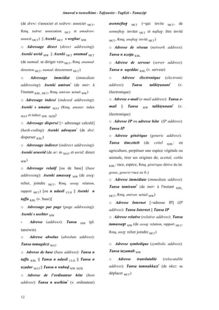 Amawal n tsenselkimt - Tafôansist - Taglizit - Tamazi$t
12
(de drew: s'associer et sedrew: associer MC£,
Rmq. tadrut: association MC£ et amadraw:
associé MC£) || Asenki MC£ s wegbur MW
o Adressage direct (direct addressing):
Asenki usrid MW || Asenki MC£ anamad MC£
(de namad: se diriger vers MC£, Rmq. anamud:
direction MC£, namad: directement MC£)
o Adressage immédiat (immediate
addressing): Asenki amiran*
(de imir: à
l'instant KBL, MC£, Rmq. amiran: actuel MW)
o Adressage indexé (indexed addressing):
Asenki s umatar MAT (Rmq. amatar: index
MAT et indice MW , MZB)
o Adressage dispersé [= adressage calculé]
(hash-coding): Asenki adwayan*
(de dwi:
disperser KBL)
o Adressage indirect (indirect addressing):
Asenki arusrid (de ar: in MAT et usrid: direct
MW)
o Adressage relatif [ou de base] (base
addressing): Asenki amassa$ MW (de ase$:
relier, joindre MC£, Rmq. assa$: relation,
rapport MC£) [ou n udasil CLH || Asenki n
taffa KBL (v. base)]
o Adressage par page (page addressing):
Asenki s usebter MW
- Adresse (address): Tansa MW (pl.
tansiwin)
o Adresse absolue (absolute address):
Tansa tamagdezt MAT
o Adresse de base (base address): Tansa n
taffa KBL || Tansa n udasil CLH || Tansa n
uzadur MAT || Tansa n wabuv MW, MZB
o Adresse de l’ordinateur hôte (host
address): Tansa n uselkim*
(v. ordinateur)
asennefta$ MC£ (=qui invite MC£, de
sennefte$: inviter MC£ et nafta$: être invité
MC£, Rmq. anafta$: invité MC£)
o Adresse de réseau (network address):
Tansa n uzeîîa KBL
o Adresse de serveur (server address):
Tansa n uqeddac KBL (v. serveur)
o Adresse électronique (electronic
address): Tansa taliktôunant*
(v.
électronique)
o Adresse e-mail (e-mail address): Tansa e-
mail || Tansa MW taliktôunant*
(v.
électronique)
o Adresse IP ou adresse hôte (IP address):
Tansa IP
o Adresse générique (generic address):
Tansa timcettelt (de cettel KBL: en
agriculture, perpétuer une espèce végétale ou
animale, tirer ses origines de; acettal, cettla
KBL: race, espèce, Rmq. générique dérive du lat.
genus, generis=race en fr.)
o Adresse immédiate (immediate address):
Tansa tamirant*
(de imir: à l'instant KBL,
MC£, Rmq. amiran: actuel MW)
o Adresse Internet [=adresse IP] (IP
address): Tansa Internet || Tansa IP
o Adresse relative (relative address): Tansa
tamassa$t MW (de assa$: relation, rapport MC£,
Rmq. ase$: relier joindre MC£)
o Adresse symbolique (symbolic address):
Tansa tazamalt MW
o Adresse translatable (relocatable
address): Tansa tamnakkazt*
(de nkez: se
déplacer MC£)
 