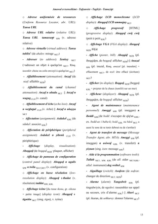 Amawal n tsenselkimt - Tafôansist - Taglizit - Tamazi$t
13
o Adresse uniformisée de ressources
(Uniform Resource Locator, abr. URL):
Tansa URL
o Adresse URL relative (relative URL):
Tansa URL tamassa$t MW (v. adresse
relative)
o Adresse virtuelle (virtual address): Tansa
tuhlist*
(de ahales: mirage MC£)
- Adresser (to address): Senkey MC£
(=adresser un objet à quelqu'un MC£, Rmq.
tasenkit: chose ou colis envoyé à quelqu'un MC£)
- Affaiblissement (attenuation): Anzaf (de
nzef: affaiblir MZB)
o Affaiblissement du canal (channel
attenuation): Anzaf n ubadu MC£ || Anzaf n
wugug CLH (v. canal)
o Affaiblissement d’écho (echo loss): Anzaf
n we$la$al CLH (v. écho) || Anzaf n ukuyya
MC£
- Affectation (assignment): Asdukel KBL (de
sdukel: associer KBL)
o Affectation de périphérique (peripheral
assignment): Asdukel n yibenk CLH (v.
périphérique)
- Affichage (display, visualization):
Abeqqev (de beqqev MZB: plaquer, afficher)
o Affichage de panneau de configuration
(control panel display): Abeqqev n ugalis
MW n twila MAT,MC£ (v. configuration)
o Affichage en basse résolution (low-
resolution display): Abeqqev s tbadut (v.
résolution) taddat MW, KBL
o Affichage icône [du russe ikona, gr. eikona
= petite image] (display icon): Abeqqev s
tignitin MC£ (sing. tignip, v. icône)
o Affichage LCD monochrome (LCD
display): Abeqqev LCD amma$ay MC£
o Affichage progressif [HTML]
(progressive display): Abeqqev cwiî cwiî
(petit à petit KBL)
o Affichage VGA (VGA display): Abeqqev
MZB VGA
- Affiche (poster, bill): Abeqqiv MZB (pl.
ibeqqiven, de beqqev: afficher MZB) || Anazal
MW (pl. inuzal, Rmq. anazal [pl. inazalen] =
effacement MC£, de nzel: être effacé (écriture)
MC£)
- Afficher (to display): Beqqev MZB (beggev
KBL = projeter de la chaux (tumlilt) sur un mur)
- Afficheur (displayer): Abeqqav MZB (pl.
ibeqqaven, de beqqev: afficher MZB)
- Agent de maintenance (maintenance
personnel): Ameggi MW (pl. imeggan) n
ibeddi KBL(de bedd: s'occuper de qlq'un KBL,
ex. bedd-as i baba-k; bedd KBL ou bded MC£ a
aussi le sens de se tenir debout ou de s'arrêter)
- Agent de transfert de message (Message
Transfer Agent, abr. MTA): Ameggi MW (pl.
imeggan) n usiwev KBL (v. transfert) n
yiznan (sing. izen: message MW)
- Aide à la programmation (software tools):
Tallalt MC£, MW, KBL (de all: aider MC£,KBL,
allal: instrument) deg wsihel MW
- Aiguillage (switch): Asevren (de sevren:
changer de direction MC£, MZB)
- Alarme (alarm): Tangedwit KBL (pl.
tingedwiyin, de ngedwi: rassembler sur appel
au secours, cris d’alarme KBL) || Akuri MC£
(pl. ikuran, de sekkurey: donner l'alarme MC£)
 
