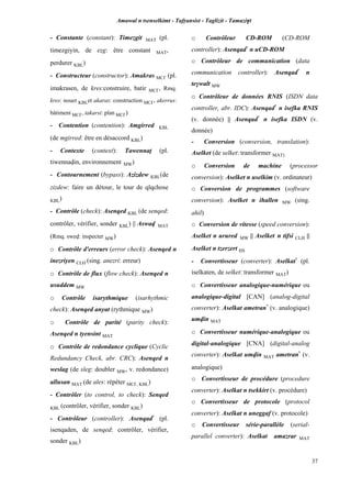 Amawal n tsenselkimt - Tafôansist - Taglizit - Tamazi$t
37
- Constante (constant): Timezgit MAT (pl.
timezgiyin, de ezg: être constant MAT,
perdurer KBL)
- Constructeur (constructor): Amakras MC£ (pl.
imakrasen, de kres:construire, batir MC£, Rmq.
kres: nouer KBLet akaras: construction MC£, akerrus:
bâtiment MC£, takarsi: plan MC£)
- Contention (contention): Amgirred KBL
(de mgirred: être en désaccord KBL)
- Contexte (context): Tawennaî (pl.
tiwennavin, environnement MW)
- Contournement (bypass): Azizdew KBL(de
zizdew: faire un détour, le tour de qlqchose
KBL)
- Contrôle (check): Asenqed KBL (de senqed:
contrôler, vérifier, sonder KBL) || Aswav MAT
(Rmq. swev: inspecter MW)
o Contrôle d'erreurs (error check): Asenqed n
inezriyen CLH (sing. anezri: erreur)
o Contrôle de flux (flow check): Asenqed n
usuddem MW
o Contrôle isarythmique (isarhythmic
check): Asenqed anyat (rythmique MW)
o Contrôle de parité (parity check):
Asenqed n tyensint MAT
o Contrôle de redondance cyclique (Cyclic
Redundancy Check, abr. CRC): Asenqed n
weslag (de sleg: doubler MW, v. redondance)
allusan MAT (de ales: répéter MC£, KBL)
- Contrôler (to control, to check): Senqed
KBL (contrôler, vérifier, sonder KBL)
- Contrôleur (controller): Asenqad*
(pl.
isenqaden, de senqed: contrôler, vérifier,
sonder KBL)
o Contrôleur CD-ROM (CD-ROM
controller): Asenqad*
n uCD-ROM
o Contrôleur de communication (data
communication controller): Asenqad*
n
te$walt MW
o Contrôleur de données RNIS (ISDN data
controller, abr. IDC): Asenqad*
n isefka RNIS
(v. donnée) || Asenqad*
n isefka ISDN (v.
donnée)
- Conversion (conversion, translation):
Aselket (de selket: transformer MAT)
o Conversion de machine (processor
conversion): Aselket n uselkim (v. ordinateur)
o Conversion de programmes (software
conversion): Aselket n ihallen MW (sing.
ahil)
o Conversion de vitesse (speed conversion):
Aselket n urured MW || Aselket n tifsi CLH ||
Aselket n tzerzert HS
- Convertisseur (converter): Aselkat*
(pl.
iselkaten, de selket: transformer MAT)
o Convertisseur analogique-numérique ou
analogique-digital [CAN] (analog-digital
converter): Aselkat ametran*
(v. analogique)
umvin MAT
o Convertisseur numérique-analogique ou
digital-analogique [CNA] (digital-analog
converter): Aselkat umvin MAT ametran*
(v.
analogique)
o Convertisseur de procédure (procedure
converter): Aselkat n tsekkirt (v. procédure)
o Convertisseur de protocole (protocol
converter): Aselkat n uneggaf (v. protocole)
o Convertisseur série-parallèle (serial-
parallel converter): Aselkat amazrar MAT
 