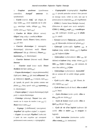 Amawal n tsenselkimt - Tafôansist - Taglizit - Tamazi$t
39
o Coupleur synchrone (synchronous
controller): Asenqad*
amtawan (v.
synchroniser)
- Courbe (curve): Azlig*
(pl. izligen, de
zleg: tordre KBL, avoir suspendu sur le côté
MC£, amezlagu: tordu, oblique KBL, Rmq.
courbe: udem MAT= figure KBL)
o Courbes de Bézier (Bézier curves):
Izligen*
(sing. azlig, v. courbe) n Bézier
- Courrier (mail): Tirawt (=lettre, missive
MC£, pl. tira)
o Courrier électronique [= messagerie
électronique] (electronic mail): Tirawt
taliktôunant*
(du gr. êlektron) || Tirawt MC£
taéarunayt MC (v. électronique)
- Courrier Internet (Internet mail): Tirawt
Internet
o Courrier vocal (voice mail): Tirawt
iheddôen (de hveô: parlerKBL)
- Crayon électronique [= crayon photosensible]
(light pen): Amru KBL (pl. imra) aliktôunan*
(du
gr. êlektron) || A$anib MC£ (=crayon, stylo MC£,
pl. i$unab, de $uneb: être pointu comme une
plume MC£, Rmq. a$anib: style MW) aéarunay MC
(v. électronique)
- Crayon optique [= crayon électronique] (light
pen): v. crayon électronique
- Crénelage (aliasing): Taryact (une aube
montée sur le noyau du moulin à eau KBL) ||
Rryac (roue à aubes KBL)
- Cryptage [=chiffrement] (encryption):
Awgelhen*
(de wgelhen: crypter*
, v. crypter)
- Crypter (to encrypt): Wgelhen*
(verbe créé
à partir du nom awgelhan qui correspond
parfaitement à notre contexte, v. crytographie)
- Cryptographie (cryptography): Awgelhan
MC£ (= procédé particulier servant à faire parvenir
un message secret, verbal ou écrit, sans que le
porteur puisse le comprendre MC£, pl. iwgelhanen)
- CSMA [= Carrier Sense Multiple Access]
(Détection de signal avec accès multiple):
CSMA || AddafMZB usgit MAT s useddergen
KBL (de seddergen: écouter MC£) n ubadu
MC£ (v. canal)
- Curseur (cursor): Taênaccaî NA (glissière
KBL, pl. tiênaccavin, de ênuccev: glisser KBL)
- Cybercafé (cyber-café): Lqahwa KBL n
izevwan (sing. azeîîta: réseau KBL) || Lqahwa
KBL (pl. leqhawi) Cyber
- Cyberculture (cyberculture): Idles MW (pl.
idelsan) n izevwan (sing. azeîîa: réseau KBL) ||
Idles MW Cyber || Annas MC£ (pl. annasen, de
anes: être cultivé MC£) Cyber
- Cybernétique (cybernetics): Asenwelleh*
(de sn: science de*
et welleh: diriger, guider
KBL)
- Cycle (cycle): Allus MAT (pl. illusen, de
ales: répéter MC£, KBL)
o Cycle de base (cycle de base): Allus n udasil
CLH (v. base)
o Cycle d'écriture (write cycle): Allus n
tira KBL(de aru: écrire KBL)
o Cycle de lecture (read cycle): Allus n
t$uri MW (de $eô: lire KBL)
o Cycle de vie d’un logiciel (software life
cycle): Allus n tudert KBL n use$éan (v.
logiciel)
o Cycle instruction (instruction cycle):
Allus n tanaî MC£ (v. instruction)
 