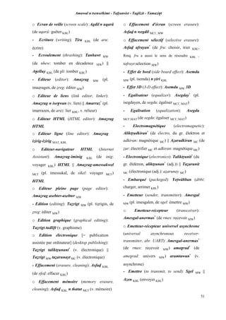 Amawal n tsenselkimt - Tafôansist - Taglizit - Tamazi$t
51
o Ecran de veille (screen scale): Agdil n uqarâ
(de aqarâ: guêter KBL)
- Ecriture (writing): Tira KBL (de aru:
écrire)
- Ecroulement (thrashing): Tanhawt MW
(de nhew: tomber en décadence MW) ||
A$elluy KBL (de $li: tomber KBL)
- Editeur (editor): Amaérag MW (pl.
imaéragen, de éreg: éditer MW)
o Editeur de liens (link editor, linker):
Amaérag n ise$wan (v. lien) || Amarraz*
(pl.
imarrazen, de arez: lier KBL, v. relieur)
o Editeur HTML (HTML editor): Amaérag
HTML
o Editeur ligne (line editor): Amaérag
izirig-izirig MAT, KBL
o Editeur-navigateur HTML (Internet
Assistant): Amaérag-iminig KBL (de inig:
voyager KBL) HTML || Amaérag-amessakwel
MC£ (pl. imessukal, de sikel: voyager MC£)
HTML
o Editeur pleine page (page editor):
Amaérag asebter-asebter MW
- Edition (editing): Taérigt MW (pl. tiérigin, de
éreg: éditer MW)
o Edition graphique (graphical editing):
Taérigt tudlift (v. graphisme)
o Edition électronique [= publication
assistée par ordinateur] (desktop publishing):
Taérigt taliktôunant*
(v. électronique) ||
Taérigt MW taéarunayt MC (v. électronique)
- Effacement (erasure, cleaning): Asfav KBL
(de sfev: effacer KBL)
o Effacement mémoire (memory erasure,
cleaning): Asfav KBL n tkatut MC£ (v. mémoire)
o Effacement d'écran (screen erasure):
Asfav n wegdil MC£, MW
o Effacement sélectif (selective erasure):
Asfav afrayan*
(de fru: choisir, trier KBL,
Rmq. fru a aussi le sens de résoudre KBL ,
tafrayt:sélection MW)
- Effet de bord (side board effect): Asemdu
MW (pl. isemda) n yiri KBL
- Effet 3D (3-D effect): Asemdu MW 3D
- Egalisateur (equalizer): Asegday*
(pl.
isegdayen, de segdu: égaliser MC£, MAT)
- Egalisation (equalization): Asegdu
MC£,MAT (de segdu: égaliser MC£, MAT)
- Electromagnétique (electromagnetic):
Aliktôudkiran*
(de électro, du gr. êlektron et
adkiran: magnétique MC) || Aéaradkiran MC (de
éur: électrifier MC et adkiran: magnétique MC)
- Electronique (electronics): Taliktôunit*
(du
gr. êlektron, aliktôunan*
(adj.)) || Taéarunit
MC (électronique (adj.): aéarunay MC)
- Embarqué (packeged): Yepwâbban (âbbi:
charger, arrimer KBL)
- Emetteur (sender, transmitter): Amesgal
MW (pl. imesgalen, de sgel: émettre MW)
o Emetteur-récepteur (transceiver):
Amesgal-anermas*
(de rmes: recevoir MW)
o Emetteur-récepteur universel asynchrone
(universal asynchronous receiver-
transmitter, abr. UART): Amesgal-anermas*
(de rmes: recevoir MW) ama$rad*
(de
ame$rad: univers MW) aramtawan*
(v.
asynchrone)
- Emettre (to transmit, to send): Sgel MW ||
Azen KBL (envoyer KBL)
 