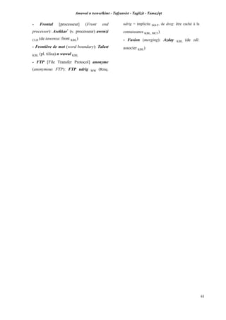 Amawal n tsenselkimt - Tafôansist - Taglizit - Tamazi$t
61
- Frontal [processeur] (Front end
processor): Asekkar*
(v. processeur) awenzi
CLH (de tawenza: front KBL)
- Frontière de mot (word boundary): Talast
KBL (pl. tilisa) n wawal KBL
- FTP [File Transfer Protocol] anonyme
(anonymous FTP): FTP udrig MW (Rmq.
udrig = implicite MAT, de dreg: être caché à la
connaissance KBL, MC£)
- Fusion (merging): Azday KBL (de zdi:
associer KBL)
 