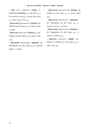 Amawal n tsenselkimt - Tafôansist - Taglizit - Tamazi$t
66
- Hôte (host computer): Aselkim (v.
ordinateur) asennefta$ MC£ (=qui invite MC£,
de sennefte$: inviter MC£ et nafta$: être invité
MC£, Rmq. anafta$: invité MC£)
- Hypercanal (hyperchannel): Afelbadu*
(pl.
ifelbuda, de afel: hyper MAT et abadu: canal,
v. canal)
- Hypercube (hypercube): Afelgasas MAT (pl.
ifelgusas, de afel: hyper MAT et agasas: cube
MAT)
- Hypermédia (hypermedia): Afelmedia*
(pl.
ifelmiddyaten, de afel: hyper MAT et amiddya:
média *
, v. média)
- Hyperréseau (hypernetwork): Afelzeîîa*
(pl.
ifelzuva, de afel: hyper MAT et azeîîa: réseau
KBL)
- Hyperserveur (hyperserver): Afelqeddac*
(pl. ifelqeddacen, de afel: hyper MAT et
aqeddac: serveur, v. serveur)
- Hypersystème (hypersystem): Afelnagraw*
(pl. ifelnagrawen, de afel: hyper MAT et
anagraw: système MAT)
- Hypertexte (hypertext): Aflavôis*
(pl.
iflevôas ou iflavôisen, de afel: hyper MAT et
avôis: texte MW)
 
