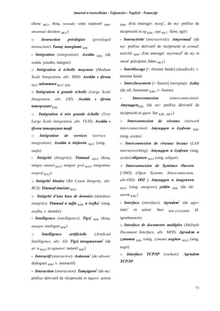 Amawal n tsenselkimt - Tafôansist - Taglizit - Tamazi$t
71
chose MC£, Rmq. tasunva: ordre impératif MW,
amannav: décideur MC£)
o Instruction privilégiée (privileged
instruction): Tanaî taneglamt MW
- Intégration (integration): Aseddu KBL (de
seddu: joindre, intégrer)
o Intégration à échelle moyenne (Medium
Scale Integration, abr. MSI): Aseddu s tfesna
MAT talemmast MAT, KBL
o Intégration à grande échelle (Large Scale
Integration, abr. LSI): Aseddu s tfesna
tameqwôant KBL
o Intégration à très grande échelle (Very
Large Scale Integration, abr. VLSI): Aseddu s
tfesna tameqwôant mavi
o Intégration de services (service
integration): Aseddu n tinfawin MC£ (sing.
tanfa)
- Intégrité (Integrity): Timmad MAT (Rmq.
intègre: ummid MAT, intégrer: $red MAT, intégration:
ase$red MAT)
o Intégrité binaire (Bit Count Integrity, abr.
BCI): Timmad timisint MAT
o Intégrité d’une base de données (database
integrity): Timmad n taffa KBL n isefka*
(sing.
asefku, v. donnée)
- Intelligence (intelligence): Tigzi MW (Rmq.
amegzu: intelligent MW)
o Intelligence artificielle (Artificial
Intelligence, abr. AI): Tigzi taragmawant*
(de
ar: a MAT et agmawi: naturel MW)
- Interactif (interactive): Asdawan*
(de sdiwen:
dialoguer MW, v. interactif)
- Interaction (interaction): Tamyigawt*
(de my:
préfixe dérivatif de réciprocité et tigawt: action
MW, d'où interagir: myeg*
, de my: préfixe de
réciprocité et eg KBL, egu MC£: faire, agir)
- Interactivité (interactivity): Amyermud*
(de
my: préfixe dérivatif de réciprocité et armud:
activité MW; d'où interagir: myermed*
de my et
rmed: précipiter, hâter MC£)
- Interblocage [= étreinte fatale] (deadlock): v.
étreinte fatale
- Interclassement [= fusion] (merging): Azday
(de zdi: fusionner KBL, v. fusion)
- Interconnexion (interconnection):
AmyuqqenKBL (de my: préfixe dérivatif de
réciprocité et qqen: lier KBL, MC£)
o Interconnexion de réseaux (network
interconnection): Amyuqqen n izevwan KBL
(sing. azeîîa)
o Interconnexion de réseaux locaux (LAN
internetworking): Amyuqqen n izevwan (sing.
azeîîa) idiganen MAT (sing. adigan)
o Interconnexion de Systèmes Ouverts
[=ISO] (Open Systems Interconnection,
abr.OSI): OSI || Amyuqqen n inagrawen
MAT (sing. anagraw) yeldin KBL (de ldi:
ouvrir KBL)
- Interface (interface): Agrudem*
(de ager:
inter*
et udem: face KBL,CLH,MZB, pl.
igrudmawen)
o Interface de documents multiples (Multiple
Document Interface, abr. MDI): Agrudem n
zzmamat KBL (sing. zzmam) usgiten MAT (sing.
usgit)
o Interface TCP/IP (sockets): Agrudem
TCP/IP
 