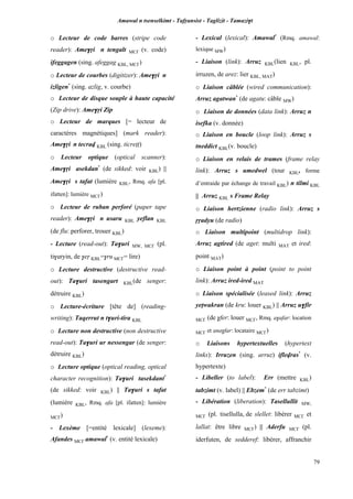 Amawal n tsenselkimt - Tafôansist - Taglizit - Tamazi$t
79
o Lecteur de code barres (stripe code
reader): Ame$ôi n tengalt MC£ (v. code)
ifeggagen (sing. afeggag KBL, MC£)
o Lecteur de courbes (digitizer): Ame$ôi n
izligen*
(sing. azlig, v. courbe)
o Lecteur de disque souple à haute capacité
(Zip drive): Ame$ôi Zip
o Lecteur de marques [= lecteur de
caractères magnétiques] (mark reader):
Ame$ôi n tecrav KBL (sing. ticreîî)
o Lecteur optique (optical scanner):
Ame$ôi asekdan*
(de sikked: voir KBL) ||
Ame$ôi s tafat (lumière KBL, Rmq. afa [pl.
ifatten]: lumière MC£)
o Lecteur de ruban perforé (paper tape
reader): Ame$ôi n usaru KBL yeflan KBL
(de flu: perforer, trouer KBL)
- Lecture (read-out): Ta$uri MW, MC£ (pl.
ti$uryin, de $eô KBL=$ru MC£= lire)
o Lecture destructive (destructive read-
out): Ta$uri tasengart KBL(de senger:
détruire KBL)
o Lecture-écriture [tête de] (reading-
writing): Taqerrut n t$uri-tira KBL
o Lecture non destructive (non destructive
read-out): Ta$uri ur nessengar (de senger:
détruire KBL)
o Lecture optique (optical reading, optical
character recognition): Ta$uri tasekdant*
(de sikked: voir KBL) || Ta$uri s tafat
(lumière KBL, Rmq. afa [pl. ifatten]: lumière
MC£)
- Lexème [=entité lexicale] (lexeme):
Afandes MC£ amawal*
(v. entité lexicale)
- Lexical (lexical): Amawal*
(Rmq. amawal:
lexique MW)
- Liaison (link): Arruz KBL(lien KBL, pl.
irruzen, de arez: lier KBL, MAT)
o Liaison câblée (wired communication):
Arruz agatwan*
(de agatu: câble MW)
o Liaison de données (data link): Arruz n
isefka (v. donnée)
o Liaison en boucle (loop link): Arruz s
tneddict KBL(v. boucle)
o Liaison en relais de trames (frame relay
link): Arruz s umedwel (tour KBL, forme
d’entraide par échange de travail KBL) n tilmi KBL
|| Arruz KBL s Frame Relay
o Liaison hertzienne (radio link): Arruz s
ôôadyu (de radio)
o Liaison multipoint (multidrop link):
Arruz agtired (de aget: multi MAT et ired:
point MAT)
o Liaison point à point (point to point
link): Arruz ired-ired MAT
o Liaison spécialisée (leased link): Arruz
yepwakran (de kru: louer KBL) || Arruz u$fir
MC£ (de $fer: louer MC£, Rmq. a$afar: location
MC£ et ana$far: locataire MC£)
o Liaisons hypertextuelles (hypertext
links): Irruzen (sing. arruz) iflevras*
(v.
hypertexte)
- Libeller (to label): Err (mettre KBL)
tabzimt (v. label) || Ebzem*
(de err tabzimt)
- Libération (liberation): Tasellullit MW,
MC£ (pl. tisellulla, de slellet: libérer MC£ et
lallat: être libre MC£) || Aderfu MC£ (pl.
iderfuten, de sedderef: libérer, affranchir
 
