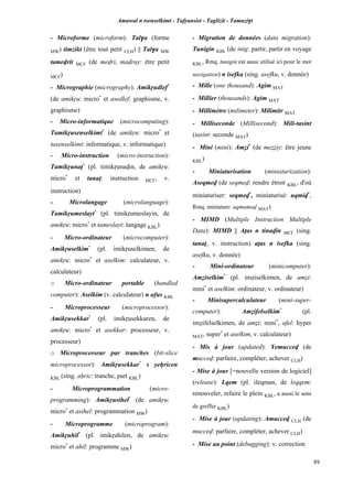 Amawal n tsenselkimt - Tafôansist - Taglizit - Tamazi$t
89
- Microforme (microform): Tal$a (forme
MW) timzikt (être tout petit CLH) || Tal$a MW
tamevrit MC£ (de mevri, mavray: être petit
MC£)
- Micrographie (micrography): Amikôudlef*
(de amikôu: micro*
et asedlef: graphisme, v.
graphisme)
- Micro-informatique (microcomputing):
Tamikôusenselkimt*
(de amikôu: micro*
et
tasenselkimt: informatique, v. informatique)
- Micro-instruction (micro-instruction):
Tamikôunaî*
(pl. timikôunavin, de amikôu:
micro*
et tanaî: instruction MC£, v.
instruction)
- Microlangage (microlanguage):
Tamikôumeslayt*
(pl. timikôumeslayin, de
amikôu: micro*
et tameslayt: langage KBL)
- Micro-ordinateur (microcomputer):
Amikôuselkim*
(pl. imikôuselkimen, de
amikôu: micro*
et aselkim: calculateur, v.
calculateur)
o Micro-ordinateur portable (handled
computer): Aselkim (v. calculateur) n ufus KBL
- Microprocesseur (microprocessor):
Amikôusekkar*
(pl. imikôusekkaren, de
amikôu: micro*
et asekkar: processeur, v.
processeur)
o Microprocesseur par tranches (bit-slice
microprocessor): Amikôusekkar*
s yeêricen
KBL (sing. aêric: tranche, part KBL)
- Microprogrammation (micro-
programming): Amikôusihel*
(de amikôu:
micro*
et asihel: programmation MW)
- Microprogramme (microprogram):
Amikôuhil*
(pl. imikôuhilen, de amikôu:
micro*
et ahil: programme MW)
- Migration de données (data migration):
Tunigin KBL (de inig: partir, partir en voyage
KBL, Rmq. tunigin est aussi utilisé ici pour le mot
navigation) n isefka (sing. asefku, v. donnée)
- Mille (one thousand): Agim MAT
- Millier (thousands): Agim MAT
- Millimètre (milimeter): Milimitr MAT
- Milliseconde (Millisecond): Mili-tasint
(tasint: seconde MAT)
- Mini (mini): Améi*
(de meééiy: être jeune
KBL)
- Miniaturisation (miniaturization):
Aseqmev (de seqmev: rendre étroit KBL, d'où
miniaturiser: seqmev*
, miniaturisé: uqmiv*
,
Rmq. miniature: aqmamav MAT)
- MIMD (Multiple Instruction Multiple
Data): MIMD || Aîas n tinavin MC£ (sing.
tanaî, v. instruction) aîas n isefka (sing.
asefku, v. donnée)
- Mini-ordinateur (minicomputer):
Améiselkim*
(pl. iméiselkimen, de améi:
mini*
et aselkim: ordinateur, v. ordinateur)
- Minisupercalculateur (mini-super-
computer): Améifelselkim*
(pl.
iméifelselkimen, de améi: mini*
, afel: hyper
MAT, super*
et aselkim, v. calculateur)
- Mis à jour (updated): Yemuccev (de
muccev: parfaire, compléter, achever CLH)
- Mise à jour [=nouvelle version de logiciel]
(release): Lqem (pl. ileqman, de leqqem:
renouveler, refaire le plein KBL, a aussi le sens
de greffer KBL)
- Mise à jour (updating): Amuccev CLH (de
muccev: parfaire, compléter, achever CLH)
- Mise au point (debugging): v. correction
 