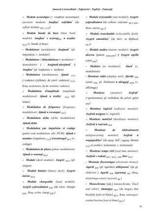 Amawal n tsenselkimt - Tafôansist - Taglizit - Tamazi$t
91
o Modem acoustique [= coupleur acoustique]
(acoustic modem): Anajkas*
asfeldan*
(de
sefled: écouter MW, CLH)
o Modem bande de base (base band
modem): Anajkas*
s uzawagMC n uzadur
MAT (v. bande et base)
- Modulateur (modulator): Anajmak*
(pl.
inajmaken, v. moduler)
- Modulateur / démodulateur ( modulator /
demodulator ) : Anajmak-aksejmak*
||
Anajkas*
(pl. inajkasen, v. modem)
- Modulation (modulation): Ajmak CLH
(=cadence (rythme), de jmek: cadencer CLH,
Rmq. modulation, du lat. modulus: cadence)
o Modulation d'amplitude (amplitude
modulation): Ajmak n terdist MAT (pl.
tirdas)
o Modulation de fréquence (frequency
modulation): Ajmak n wesnagar MAT
o Modulation delta (delta modulation):
Ajmak delta
o Modulation par impulsion et codage
(pulse code modulation, abr. PCM): Ajmak s
unettaw (impulsion CLH) d usettengel MC£ (v.
codage)
o Modulation de phase (phase modulation):
Ajmak n wannuf MAT
- Module (deck module): Azegrir MAT (pl.
izegrar)
o Module binaire (binary deck): Azegrir
imisin MAT
o Module chargeable (load module):
Azegrir yepwazdamen KBL (de zdem: charger
KBL, Rmq. uzdim: chargé KBL)
o Module exécutable (run module): Azegrir
yeppwalkamen (de selkem: exécuter MC£,MW,
lkem: suivre MC£)
o Module translatable (relocatable deck):
Azegrir amnakkaz*
(de nkez: se déplacer
MC£)
o Module maître (master module): Azegrir
akerwa (patron MZB,MW) || Azegrir a$ella
(chef MW)
- Moduler (to modulate): Jmek*
(v.
modulation)
- Moniteur vidéo (display unit): Aferdis MW
(unité MW, pl. iferdisen) n ubeqqev MZB (v.
affichage)
o Moniteur (monitor): Asefrak*
(=gestionnaire, pl. isefraken, de sefrek: gérer
MW)
o Moniteur logiciel (software monitor):
Asefrak ase$éan (v. logiciel)
o Moniteur matériel (hardware monitor):
Asefrak n warrum MW
o Moniteur de télétraitement
(teleprocessing monitor): Asefrak n
wugugsekker*
(de ugug: télé*
, uggug: distant
CLH et asekker: traitement, v. traitement)
o Moniteur temps réel (real time monitor):
Asefrak s wakud MC£, MAT, MW ilaw MAT
- Monnaie électronique (electronic money):
Aqarid MW (pl. iqariden) aliktôunan*
(du gr.
elektron) || Aqarid MW aéarunay MC (Rmq.
électronique (nom): taéarunit MC)
- Monochrome [adj.] (monochrome, black
and white): Amma$ay MC£ (de ma$ay: être
bicolore [noir et blanc] MC£, Rmq. tamma$ayt:
couleur bicolore [noir et blanc] MC£)
 