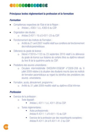66
Principaux textes règlementant la profession et la formation
Formation
Compétences respectives de l’Etat et de la Région :
o Articles L.4383-1 à L.4383-6 du CSP.
Organisation des études :
o Articles D.4311-16 à D.4311-23 du CSP.
Fonctionnement des Instituts de Formation :
o Arrêté du 21 avril 2007 modifié relatif aux conditions de fonctionnement
desinstitutsparamédicaux.
Délivrance du grade de licence :
o Décret n°2010+1123 du 23 septembre 2010 relatif à la délivrance
du grade de licence aux titulaires de certains titres ou diplôme relevant
du livre III de la quatrième partie du CSP.
Prestations des œuvres universitaires :
o Circulaire interministérielle DHOS/RH1/DGESIP n°2009-208 du 9
juillet 2009 relative à la situation des étudiants inscrits dans les instituts
de formation paramédicaux au regard du bénéfice des prestations des
œuvres universitaires.
Formation, accès, déroulement, programme :
o Arrêté du 31 juillet 2009 modifié relatif au diplôme d’Etat Infirmier.
Profession
Exercice de la profession :
o Texte législatif :
Articles L.4311-1 à L.4311-29 du CSP.
o Textes règlementaires :
Actes professionnels :
Articles R.4311-1 à R.4311-15 du CSP.
Exercice de la profession par des ressortissants européens :
Articles R.4311-34 à R.4311-41-2 du CSP.
 