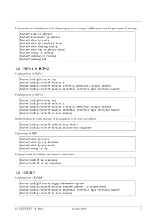 Commandes de visualisation et de dépannage pour le routage, valable pour tous les protocoles de routage :
Router# ping ip-address
Router# traceroute ip-address
Router# show ip route
Router# show ip interface brief
Router# show running-config
Router# show cdp neighbors detail
Router# debug ip routing
Router# undebug ip routing
Router# undebug all
1.2 RIPv1 et RIPv2
Configuration de RIPv1 :
Router(config)# router rip
Router(config-router)# version 1
Router(config-router)# network directly-connected-classful-address
Router(config-router)# passive-interface interface-type interface-number
Configuration de RIPv2 :
Router(config)# router rip
Router(config-router)# version 2
Router(config-router)# network directly-connected-classful-address
Router(config-router)# passive-interface interface-type interface-number
Router(config-router)# no auto-summary
Redistribution de route statique et propagation de la route par défaut :
Router(config-router)# redistribute static
Router(config-router)# default-information originate
Dépannage de RIP :
Router# show ip route
Router# show ip rip database
Router# show ip protocols
Router# debug ip rip
Comportement du routage par classe et sans classe :
Router(confi)# ip classless
Router(confi)# no ip classless
1.3 EIGRP
Configuration d’EIGRP :
Router(config)# router eigrp autonomous-system
Router(config-router)# network network-address [wildcard-mask ]
Router(config-router)# passive-interface interface-type interface-number
Router(config-router)# no auto-summary
K. CLEMENT - F. Rico 12 juin 2019 5
 