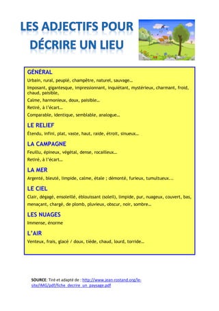 SOURCE: Le nouvel édito. Méthode de français. B2. pp. 88-89
SITUER
À l’endroit
À l’envers
Ailleurs
D’un bout à l’autre
De bas en haut/ de haut en bas
De tous côtés
Du côté ouest/ est /nord/ sud
En avant
N’importe où
Nulle part
Par endroits
Par terre
Partout
Quelque part
SITUER PAR RAPPORT À UN POINT
À droite (de)
À gauche (de)
À l’angle (de)
À l’arrière (de)
À l’avant (de)
À l’extérieur (de)
À l’intérieur (de)
À la surface de
À la tête de
À mi-chemin (de)
Au bord (de)
Au bout (de)
Au centre (de)
Au coin de
Au-devant de
Au fond (de)
Au-delà de
Au-dessous (de)
Au-dessus (de)
Au milieu (de)
Au pied de
Au sein de
Au seuil de
Au sommet (de)
Autour (de)
Dedans
Dehors
Du côté de
En arrière
En bas (de)
En dehors (de)
En dessous (de)
En dessus (de)
En face (de)
En haut (de)
En tête (de)
Entre
Face à
Face à face
Hors de
Par-dessous
Par-dessus
Sur le côté (de)
EXPRIMER LA DISTANCE/
LA PROXIMITÉ
À côté (de)
À l’écart (de)
À la périphérie (de)
À peu de distance de
À proximité de
Au loin
Autour de
Aux alentours (de)
Aux environs (de)
Contre
Du côté de
Loin (de)
(Tout) près (de)
Un peu plus loin
INDIQUER LA DIRECTION
Dans la direction de
En chemin
En direction de
Jusqu’à
Par
Sur la route de
Vers
 