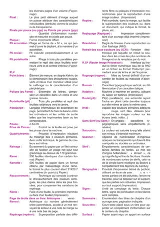 les diverses pages d’un volume (Façonnage)
Pixel :	
Le plus petit élément d’image auquel
on puisse attribuer des caractéristiques
individuelles (attributs) comme la couleur
ou la transparence.
Pixels par pouce (ou ppp) ou Points par pouce (ppp)
:	
Quantité d’information numérisée et mesurée en pixels par pouce.
Plaque :	
Forme imprimante offset.
Pli accordéon :	
Pliage en forme de « M », ce qui permet d’ouvrir le dépliant, à la manière d’un
accordéon.
Pli croisé :	
Pli exécuté perpendiculairement à un
autre.
Pli portefeuille :	
Pliage à trois plis paralléles permettant le repli des deux feuillets extérieurs vers le pli central intérieur (Façonnage)
PLV
Point blanc :	 Élément de mesure, en degrés Kelvin, de
la combinaison des phosphores rouges,
verts et bleus d’un moniteur utilisé pour
le calibrage ou la caractérisation d’un
périphérique.
Polices (ou Fonte) :	 Ensemble de lettres, composant un caractère dans un corps et une
graisse donnés.
Portefeuille (pli) :	
Trois plis parallèles et repli des
feuillets extérieurs vers le centre.
Postscript :	 Langage informatique de description de
page, permettant de faire la liaison entre
les ordinateurs et les unités de sortie
telles que les imprimantes laser ou les
composeuses.
Pouce :	
2.54 cm
Prise de Pinces :	
Endroit ou la feuille est prise par
les pinces dans la machine.
Quadrichromie :	
Procédé d’impression résultant
du mélange des 4 couleurs primaires.
Avec cette technique, la gamme de couleurs est infinie.
Rainage :	
Ecrasement du papier par un filet raineur
afin de faciliter un pliage net pour tout
grammage au-dessus de 170 grammes
Rame :	
500 feuilles identiques d’un certain format (Papier)
Ramette :	
500 feuilles de papier dans un format
obtenu par massicotage d’une rame,
le format le plus courant étant 21X29.7
centimètres (in quarto) ( Papier)
Recouvrement :	
Technique qui consiste à prévoir
le chevauchement des couleurs contiguës, les plus claires dans les plus foncées, pour compenser les variations de
repérage.
Recto :	
Face d’une feuille, la première imprimée
ou face d’un feuillet (Impression)
Page de droite dans un livre. Antonyme :	verso
Renvoi :	
Astérisque ou nombre généralement
entre parenthèses, accolé à un mot renvoyant le lecteur à une note de marge ou
à une note bas de page.
Repérage (repérer) :	 Superposition parfaite des diffé-

rents films ou plaques d’impression monochromes pour la reproduction d’une
image couleur. (Impression)
Repère :	
Petit symbole, dans la marge, qui facilite
la superposition des couleurs ou, dans
un document, qui indique le format, la
pliure, etc.
Repiquage (Repiquer) :	
Impression complémentaire d’un ouvrage déjà imprimé (Impression)
Résolution :	 Degré de finesse d’une reproduction ou
d’un flashage (PAO)
Retrait des sous-couleurs (ou UCR) :	Fonction électronique par laquelle on réduit la couleur dans les zones les plus sombres de
l’image et on la remplace par du noir.
R.I.P (Raster Image Processor) :	
Interface qui traduit le fchier numérique issu de la PAO
en un fichier au format Postscript, permettant ainsi de le lire et de l’imprimer.
Rognage (rogner) :	
Mise au format définitif d’un ensemble de feuilles au massicot (Façonnage)
Romain :	
Caractère typographique vertical, en différenciation d’un caractère italique.
Rotative :	
Machine à imprimer en continu, utilisant
du papier en bobines (Impression)
Roulé (pli) :	Pli(s) parallèle(s), une extrémité rejoint
l’autre en pliant cette dernière toujours
sur elle-même et dans le même sens.
RVB :	
espace des couleurs primaires additives
:	
rouge, vert, bleu, utilisées pour
reproduire les images couleur sur les
écrans (web, vidéo...)
Sans Sérif (ou Sans) :	 En anglais :	
caractères
typographiques sans empattements (linéales).
Saturation :	 La couleur est saturée lorsqu’elle atteint
son niveau d’intensité maximum.
Scanner :	
Appareil de numérisation d’originaux
opaques ou transparents qui doivent être
manipulés ou stockés sur ordinateur.
Sérif :	
Empattements caractéristiques de certaines familles de fontes. Le mot est
d’origine hollandaise :	 « shreef », ce
qui signifie ligne fine de l’écriture. Il existe
de nombreuses sortes de sérifs, cela va
de la simple barre rectiligne du Bodoni à
l’empattement très façonné du Century.
Sérigraphie :	 Procédé d’impression dérivé du pochoir,
utilisant un écran de soie :	
c e r taines parties ont été obturées, l’encre ne
traverse, pour se déposer sur le support,
que les parties non obturées. Impression
sur tout support (Impression)
Signe :	
Unité de comptage du texte. Chaque
lettre, signe de ponctuation et les blancs
sont comptés.
Sommaire :	
Enumération des titres de chapitre d’un
ouvrage avec pagination indiquée.
Sous-titre :	
Court texte placé sous un titre pour apporter un complément d’information sur
le contenu du chapitre.
Surfacé :	
Papier ayant reçu un apport en surface

 
