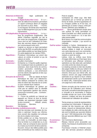 WEB
Adsenses et Adwords :	
régie publicitaire de
Google
ADSL (Asymetric Digital Subscriber Line) :	 S t a n dard de télécommunications permettant
un signal numérique élevé (6 mégabits
par seconde ou plus). Nota :	 l ’ A D S L
a une largueur de bande plus importante
pour le téléchargement que pour la télétransmission.
API (Application Programming Interface) :	 I n t e r face de programme d’application. Elle
définit l’interface logicielle qui fait le
lien entre les programmes d’application
(ceux dont se sert l’utilisateur) et l’interface des services réseau (programmes
qui communiquent entre eux).
Agrégateur :	 Logiciel ou service en ligne permettant
de lire des fils RSS, en particulier les derniers billets publiés sur ses blogs favoris.
On parle également de «lecteur RSS».
Algorithme :	 Procédure informatique qui prend des
valeurs en entrée et produit un jeu de
valeurs en sortie.
Annimatic :	
brouillon d’animation
Annonceur :	 Entreprise ou n’importe quelle organisation investissant dans la publicité et, par
extension, dans toute forme de communication (promotion, marketing direct,
relations publiques…). Les annonceurs
sont les clients des agences et des supports publicitaires.
Annuaire de recherche:	
Site qui classe de façon
thématique les sites qu’il sélectionne.
Des éditeurs analysent le contenu des
sites et créent des résumés de ce contenu pour orienter leurs visiteurs.
Back-office :	 Système informatique de gestion qui
n’est pas en relation avec la clientèle
d’une organisation (gestion des stocks,
ressources humaines, paie... Contraire :	
Front-office.
Bandeau :	
3 - Forme de publicité sur Internet qui
apparaît sur l’écran et dont le format,
variable, est cependant standard (taille
la plus courante :	
468x60 pixels).
Synonyme :	 Bannière.
Bannière :	
Voir Bandeau.
Base de données multidimensionnelle :	 B a s e
dont les données sont stockées de manière à optimiser l’accès aux informations suivant des requêtes non prévues
lors de la création de la base.
Billet :	
Entrée publiée sur un blog. Synonyme
de «note» ou d’actualité, au sens large.
Peut se limiter à un simple lien ou à une
photo, mais se compose le plus souvent
d’un texte court enrichi de liens externes.
Souvent, chacun des billets publiés peut
être commenté par les visiteurs du blog.

Post en anglais.
Contraction de «Web Log». Site Web
caractérisé par un format qui prend la
forme de textes, de liens hypertextes et/
ou d’images publiés au fil de l’eau, en
général par un auteur unique, à titre personnel. Définition plus détaillée ici.
Borne interactive :	
Borne généralement située dans
une surface de vente permettant au
client d’accéder aux offres produits services d’une marque et / ou à ses données personnelles.
Buzz :	
Bruit autour d’un sujet de communication
(organisation, marque…) qui accroît sa
notoriété.
Call for action :	nvitation à l’action. Généralement une
I
action Direct Marketing incite les personnes ciblées à réagir en renvoyant
une carte-réponse pour une commande,
une demande de catalogue etc. ou en
visitant un point de vente.
Captcha :	
Lettres, mots ou chiffres sous forme
d’images déformées qu’il faut taper dans
un formulaire pour effectuer certaines
opérations sur des sites web, permettant
une lutte contre les robots de spam.
Cloaking :	
Le cloaking consiste à créer des doubles
des pages réelles du site pour obtenir de
bons classements dans les outils de recherche. Ainsi pour une même URL, les
moteurs verront une page entièrement
optimisée et qui répond à leurs critères
de classement tandis qu’en demandant
la même URL, l’internaute lambda verra
une page tout a fait ordinaire.
CMS
Cookies :	
fichiers envoyés par les serveurs sur le
disque dur de l’utilisateur pour dresser
son profil, connaître la dernière page qu’il
a consulté et le reconnaître à chaque
nouvelle arrivée (au cours d’une même
session). L’éditeur est tenu de prévenir
l’internaute de l’utilisation de cookies.
CSS
Débit :	
Terme propre au mode de représentation
numérique de l’information. Il désigne le
nombre de bits transmis par unité de
temps, mesuré en bits/seconde (bits/s).
Les multiples de cette unité les plus utilisés sont le kilobits par seconde (kbits/s)
qui vaut 1 024 bits/seconde et le mégabits par seconde (Mbits/s) qui vaut 1 024
kbits/s.
E-commerce :	 Voir Commerce électronique
Extranet :	
Réseau Internet privé accessible aux
clients, fournisseurs et partenaires d’une
entreprise.
FAI :	
Fournisseur d’accès à l’Internet proposant des services (plusieurs adresses
Blog :	

 