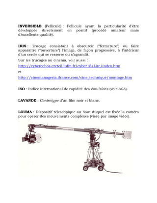 INVERSIBLE (Pellicule) : Pellicule ayant la particularité d’être
développée directement en positif (procédé amateur mais
d’excellente qualité).
IRIS : Trucage consistant à obscurcir (“fermeture”) ou faire
apparaître (“ouverture”) l’image, de façon progressive, à l’intérieur
d’un cercle qui se resserre ou s’agrandit.
Sur les trucages au cinéma, voir aussi :
http://cyberechos.creteil.iufm.fr/cyber18/Lire/index.htm
et
http://cinemanageria.ifrance.com/cine_technique/montage.htm
ISO : Indice international de rapidité des émulsions (voir ASA).
LAVANDE : Contretype d’un film noir et blanc.
LOUMA : Dispositif télescopique au bout duquel est fixée la caméra
pour opérer des mouvements complexes (visée par image vidéo).
 