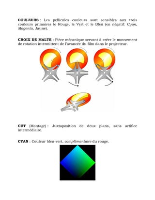 COULEURS : Les pellicules couleurs sont sensibles aux trois
couleurs primaires le Rouge, le Vert et le Bleu (en négatif: Cyan,
Magenta, Jaune).
CROIX DE MALTE : Pièce mécanique servant à créer le mouvement
de rotation intermittent de l’avancée du film dans le projecteur.
CUT (Montage) : Juxtaposition de deux plans, sans artifice
intermédiaire.
CYAN : Couleur bleu-vert, complémentaire du rouge.
 