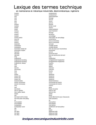 Lexique des termes techniqueLexique des termes techniqueLexique des termes techniqueLexique des termes technique
en maintenance et mécanique industrielle, électromécanique, ingénierieen maintenance et mécanique industrielle, électromécanique, ingénierieen maintenance et mécanique industrielle, électromécanique, ingénierieen maintenance et mécanique industrielle, électromécanique, ingénierie
location emplacement
location emplacement
lock asservissement
lock blocage
lock serrure
lock verrou
lock serrure
lock(to) bloquer
lock(to) fermer à clef
locked asservi
locker casier(vestiaire)
locking asservissement
locking blocage
locking fermeture
locking verrouillage
locking switch interrupteur de verrouillage
lock-nut contre-écrou
locknut écrou à encoches
locknut écrou à encoches
locksmith serrurier
lockwasher rondelle grower
lockwasher rondelle grower
locomotive wheel set train de roues pour locomotives
locomotive; engine locomotive
log book journal
log book journal de bord
log book livre de marche,livre de bord
long long
longitudinal longitudinal
longitudinal recording enregistrement longitudinal
longitudinal recording enregistrement longitudinal
longitudinal; sleeper longrine
look aspect
look aspect
look for chercher
look for(to) chercher
loop boucle
loop circuit
loosen desserrer
loosen (to) desserrer
loosen (to) desserrer
loosen (to) desserrer
loosen(nut)(to) desserrer(écrou)
lorentz microscopy microscopie de lorentz
lorentz microscopy microscopie de lorentz
lorry camion
loss perte
loss factor facteur de perte
loss on ignition perte au feu
loss; waste; deads perte au feu
losses pertes
lost perdu
lost head nail for shoes pointe tête-homme pour chaussures
lost time;down time;delay arrêt (situation)
lot lot
loud speaker haut-parleur
loud speaker haut-parleur
loudspeaker haut parleur
loudspeaker cover revêtement de haut-parleur
low bas
low basse
low alloy faiblement allié
low alloy faiblement allié
low alloy faiblement allié
 