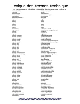 Lexique des termes techniqueLexique des termes techniqueLexique des termes techniqueLexique des termes technique
en maintenance et mécanique industrielle, électromécanique, ingénierieen maintenance et mécanique industrielle, électromécanique, ingénierieen maintenance et mécanique industrielle, électromécanique, ingénierieen maintenance et mécanique industrielle, électromécanique, ingénierie
machine-tool table table de machine outil
machining usinage
machining center centre d'usinage
macroscopic test examen macroscopique
macrostructure macrostructure
made (manufactured) in fabriquer à
magnesium magnésium
magnet aimant
magnet aimant
magnet aimant
magnet aimant
magnet aimant
magnet aimant
magnet crane pont roulant à aimant
magnet crane pont à électroaimant; grue à aimant
magnetic magnétique
magnetic magnétiques
magnetic magnétique
magnetic anisotropy anisotropie magnétique
magnetic anisotropy anisotropie magnétique
magnetic charges charges magnétiques
magnetic charges charges magnétiques
magnetic colloids suspensions colloidales magnétiques
magnetic colloids suspensions colloidales magnétiques
magnetic field champ magnétique
magnetic field champ magnétique
magnetic field champ magnétique
magnetic field champ magnétique
magnetic films couches minces magnétiques
magnetic films couches minces magnétiques
magnetic filter filtre magnétique
magnetic force microscopy microscopie de force magnétique
magnetic force microscopy microscopie de force magnétique
magnetic garnets grenats magnétiques
magnetic garnets grenats magnétiques
magnetic heading cap magnétique
magnetic loss perte magnétique
magnetic materials matériaux magnétiques
magnetic materials matériaux magnétiques
magnetic measurements mesures magnétiques
magnetic measurements mesures magnétiques
magnetic multilayers multicouches magnétiques
magnetic multilayers multicouches magnétiques
magnetic permeability perméabilité magnétique
magnetic recording enregistrement magnétique
magnetic recording enregistrement magnétique
magnetic remanence rémanence magnétique
magnetic steel acier magnétique
magnetic vortices vis (vortex) magnétiques
magnetic vortices vis (vortex) magnétiques
magnetic wires fils magnétiques
magnetic wires fils magnétiques
magnetite magnétite
magnetization aimantation
magnetization aimantation
magnetization curve courbe d'aimantation
magnetization curve courbe d'aimantation
magnetization dynamics dynamique de l'aimantation
magnetization dynamics dynamique de l'aimantation
magnetization path chemin de l'aimantation
magnetization path chemin de l'aimantation
magnetization processes processus d'aimantation
magnetization processes processus d'aimantation
magnetize(to) aimanter
 