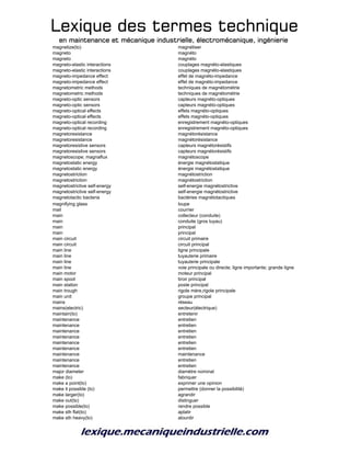 Lexique des termes techniqueLexique des termes techniqueLexique des termes techniqueLexique des termes technique
en maintenance et mécanique industrielle, électromécanique, ingénierieen maintenance et mécanique industrielle, électromécanique, ingénierieen maintenance et mécanique industrielle, électromécanique, ingénierieen maintenance et mécanique industrielle, électromécanique, ingénierie
magnetize(to) magnétiser
magneto magnéto
magneto magnéto
magneto-elastic interactions couplages magnéto-elastiques
magneto-elastic interactions couplages magnéto-elastiques
magneto-impedance effect effet de magnéto-impedance
magneto-impedance effect effet de magnéto-impedance
magnetometric methods techniques de magnétométrie
magnetometric methods techniques de magnétométrie
magneto-optic sensors capteurs magnéto-optiques
magneto-optic sensors capteurs magnéto-optiques
magneto-optical effects effets magnéto-optiques
magneto-optical effects effets magnéto-optiques
magneto-optical recording enregistrement magnéto-optiques
magneto-optical recording enregistrement magnéto-optiques
magnetoresistance magnétorésistance
magnetoresistance magnétorésistance
magnetoresistive sensors capteurs magnétorésistifs
magnetoresistive sensors capteurs magnétorésistifs
magnetoscope; magnaflux magnétoscope
magnetostatic energy énergie magnétostatique
magnetostatic energy énergie magnétostatique
magnetostriction magnétostriction
magnetostriction magnétostriction
magnetostrictive self-energy self-energie magnétostrictive
magnetostrictive self-energy self-energie magnétostrictive
magnetotactic bacteria bactéries magnétotactiques
magnifying glass loupe
mail courrier
main collecteur (conduite)
main conduite (gros tuyau)
main principal
main principal
main circuit circuit primaire
main circuit circuit principal
main line ligne principale
main line tuyauterie primaire
main line tuyauterie principale
main line voie principale ou directe; ligne importante; grande ligne
main motor moteur principal
main spool tiroir principal
main station poste principal
main trough rigole mère,rigole principale
main unit groupe principal
mains réseau
mains(electric) secteur(électrique)
maintain(to) entretenir
maintenance entretien
maintenance entretien
maintenance entretien
maintenance entretien
maintenance entretien
maintenance entretien
maintenance maintenance
maintenance entretien
maintenance entretien
major diameter diamètre nominal
make (to) fabriquer
make a point(to) exprimer une opinion
make it possible (to) permettre (donner la possibilité)
make larger(to) agrandir
make out(to) distinguer
make possible(to) rendre possible
make sth flat(to) aplatir
make sth heavy(to) alourdir
 