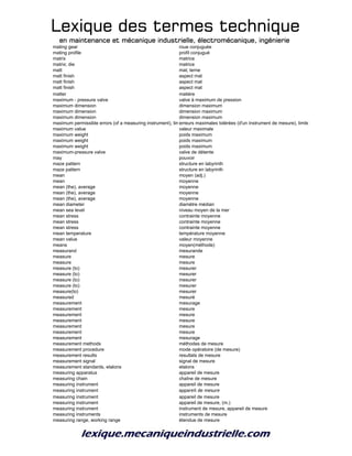 Lexique des termes techniqueLexique des termes techniqueLexique des termes techniqueLexique des termes technique
en maintenance et mécanique industrielle, électromécanique, ingénierieen maintenance et mécanique industrielle, électromécanique, ingénierieen maintenance et mécanique industrielle, électromécanique, ingénierieen maintenance et mécanique industrielle, électromécanique, ingénierie
mating gear roue conjuguée
mating profile profil conjugué
matrix matrice
matrix; die matrice
matt mat; terne
matt finish aspect mat
matt finish aspect mat
matt finish aspect mat
matter matière
maximum - pressure valve valve à maximum de pression
maximum dimension dimension maximum
maximum dimension dimension maximum
maximum dimension dimension maximum
maximum permissible errors (of a measuring instrument), limits of permissible error (of a measuring instrument)erreurs maximales tolérées (d'un instrument de mesure), limites d'erreur tolérées (d
maximum value valeur maximale
maximum weight poids maximum
maximum weight poids maximum
maximum weight poids maximum
maximum-pressure valve valve de détente
may pouvoir
maze pattern structure en labyrinth
maze pattern structure en labyrinth
mean moyen (adj.)
mean moyenne
mean (the), average moyenne
mean (the), average moyenne
mean (the), average moyenne
mean diameter diamètre médian
mean sea level niveau moyen de la mer
mean stress contrainte moyenne
mean stress contrainte moyenne
mean stress contrainte moyenne
mean temperature température moyenne
mean value valeur moyenne
means moyen(méthode)
measurand mesurande
measure mesure
measure mesure
measure (to) mesurer
measure (to) mesurer
measure (to) mesurer
measure (to) mesurer
measure(to) mesurer
measured mesuré
measurement mesurage
measurement mesure
measurement mesure
measurement mesure
measurement mesure
measurement mesure
measurement mesurage
measurement methods méthodes de mesure
measurement procedure mode opératoire (de mesure)
measurement results resultats de mesure
measurement signal signal de mesure
measurement standards, etalons etalons
measuring apparatus appareil de mesure
measuring chain chaîne de mesure
measuring instrument appareil de mesure
measuring instrument appareil de mesure
measuring instrument appareil de mesure
measuring instrument appareil de mesure, (m.)
measuring instrument instrument de mesure, appareil de mesure
measuring instruments instruments de mesure
measuring range, working range étendue de mesure
 