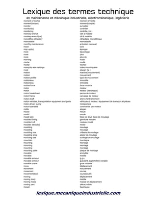 Lexique des termes techniqueLexique des termes techniqueLexique des termes techniqueLexique des termes technique
en maintenance et mécanique industrielle, électromécanique, ingénierieen maintenance et mécanique industrielle, électromécanique, ingénierieen maintenance et mécanique industrielle, électromécanique, ingénierieen maintenance et mécanique industrielle, électromécanique, ingénierie
moment of inertia moment d'inertie
moment(torque) moment(couple)
monitor surveiller
monitor(to) contrôler
monitoring contrôle, (m.)
monkey wrench clef à molette
monkey wrench(us) clé à molette
monolithic refractory réfractaire monolithique
monostable monostable
monthly maintenance entretien mensuel
moon lune
mop up(to) éponger
more davantage
more plus
more plus de
morning matin
mortar coulis
mortar mortier
mosquito wire nettings toiles moustiquaire
most plupart (la -)
motion marche (mouvement)
motion mouvement
motion profile type de mouvement
motionless immobile
motionless immobile
motive force force motrice
motor moteur
motor moteur (électrique)
motor breakdown panne de moteur
motor frame carcasse de moteur
motor shaft arbre d'entraînement
motor vehicles, transportation equipment and parts véhicules à moteur, équipement de transport et pièces
motor-driven pump motopompe
motor-operated commande par moteur
motto slogan
mould moule
mould moule
mould skin trace de brut, trace de moulage
moulded lining garniture moulée
moulded roll rouleau moulé
moulder away(to) moisir
moulding moulage
moulding moulage
moulding box châssis de moulage
moulding shop atelier de moulage
moulding tool outillage de moulage
mountain montagne
mounting montage
mounting montage
mounting montage
mounting plate plaque de montage
movable amovible
movable mobile
movable armour g.g.v.
movable armour gueulard à géométrie variable
movable crane grue roulante
move déplacement
movement mouvement
movement course
movement(tool) course(outil)
moving déplacement
moving body mobile
moving mass masse en déplacement
moving part pièce mobile
mower faucheuse
 