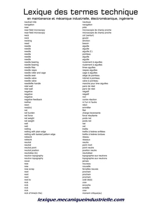 Lexique des termes techniqueLexique des termes techniqueLexique des termes techniqueLexique des termes technique
en maintenance et mécanique industrielle, électromécanique, ingénierieen maintenance et mécanique industrielle, électromécanique, ingénierieen maintenance et mécanique industrielle, électromécanique, ingénierieen maintenance et mécanique industrielle, électromécanique, ingénierie
nautical mile nautique
navigation navigation
near près
near-field microscopy microscopie de champ proche
near-field microscopy microscopie de champ proche
neck col (venturi)
neck goulot
necking striction
need besoin
needle aiguille
needle aiguille
needle aiguille (f.)
needle pointeau
needle aiguille
needle aiguille
needle bearing roulement à aiguilles
needle bearing roulement à aiguilles
needle files limes aguilles
needle rasps raspes aiguilles
needle roller and cage cage à aiguilles
needle seat siège de pointeau
needle valve robinet à pointeau
needle valve valve à pointeau
needlefile handle manche pour lime aiguilles
néel wall paroi de néel
néel wall paroi de néel
negative négatif
negative négatif
negative non
negative feedback contre réaction
neither ni l'un ni l'autre
neon néon
nest(to) emmêler
net filet
net burden charge traversante
net force force résultante
net weight poids net
net weight poids net
nett net
nett net
netting treillis
netting with plain edge treillis à lisières enfilées
netting with twisted pattern edge treillis à lisières tordues
network réseau
network réseaux
neutral neutre
neutral point mort
neutral point point neutre
neutral position position neutre
neutralise (to) neutraliser
neutron topography topographie aux neutrons
neutron topography topographie aux neutrons
never jamais
new nouveau
new nouvelle
new scrap ferrailles neuves
next prochain
next prochain
next prochain
next to coté de(à)
nick cran
nick encoche
nick entaille
nick cran
nick of time(in the) moment critique(au)
 