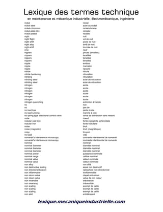 Lexique des termes techniqueLexique des termes techniqueLexique des termes techniqueLexique des termes technique
en maintenance et mécanique industrielle, électromécanique, ingénierieen maintenance et mécanique industrielle, électromécanique, ingénierieen maintenance et mécanique industrielle, électromécanique, ingénierieen maintenance et mécanique industrielle, électromécanique, ingénierie
nickel nickel
nickel steel acier au nickel
nickel-chromium nickel-chrome
nickel-plate (to) nickeler
nickel-plated nickelé
night nuit
night flight vol de nuit
night shift poste de nuit
night stop arrêt de nuit
night-shift tournée de nuit
nine neuf
nippers pinces (tenailles)
nippers tenailles
nippers tenailles
nippers tenailles
nipple embout
nipple mamelon
nipple raccord
nitride nitrure
nitride hardening nitruration
nitriding nitruration
nitriding steel acier de nitruration
nitriding steel acier de nitruration
nitrogen azote
nitrogen azote
nitrogen azote
nitrogen azote
nitrogen azote
nitrogen azote
nitrogen quenching extinction à l'azote
no non
no pas de
no load loss perte à vide
no load running marche à vide
no spring type directional control valve valve de distribution sans ressort
node noeud
nodular cast iron fonte à graphite sphéroïdale
nodular iron fonte nodulaire
noise bruit
noise (magnetic) bruit (magnétique)
noisy bruyant
no-load vide
nomarski's interference microscopy contraste interférentiel de nomarski
nomarski's interference microscopy contraste interférentiel de nomarski
nominal nominal
nominal diameter diamètre nominal
nominal diameter diamètre nominal
nominal diameter diamètre nominal
nominal power puissance nominale
nominal range calibre nominal
nominal value valeur nominale
nominal value valeur nominale
non alloy non allié
non destructive testing essai non destructif
non directional beacon radiophare non directionnel
non inflammable ininflammable
non return valve clapet anti-retour
non return valve valve de non retour
non reversible irréversible
non reversing irréversible
non scaling exempt de paille
non scaling exempt de paille
non scaling exempt de paille
non skid antidérapant
 