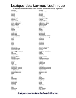 Lexique des termes techniqueLexique des termes techniqueLexique des termes techniqueLexique des termes technique
en maintenance et mécanique industrielle, électromécanique, ingénierieen maintenance et mécanique industrielle, électromécanique, ingénierieen maintenance et mécanique industrielle, électromécanique, ingénierieen maintenance et mécanique industrielle, électromécanique, ingénierie
operation opération
operation data résultat de marche
operator operateur
operator opérateur
operator opérateur
opposite opposé (à l'-)
opposite flanks flanc antihomologues
opposite to à l'opposé
optical encoder encodeur optique
optical magnetometry magnétométrie optique
optical magnetometry magnétométrie optique
optical materials matériaux optiques
optimum speed vitesse optimum
optimum velocity vitesse critique
option option
optional facultatif
optional facultatif
orange peel peau d'orange
orange peel peau d'orange
orange peel peau d'orange
orange peel effect couplage à peau d'orange
orange peel effect couplage à peau d'orange
order commande
order commande
order commande
order commande
order commande
order commander
order ordre
order number numéro de commande
order of magnitude ordre de grandeur
order; control; drive comande
ordinary pig iron castings moulages de fonte ordinaire
ore minerai
ore carrier minéralier
ore preparation minéralurgie
ore washing plant laverie à minerais
orient(to) orienter
orientation sphere sphère des orientations
orientation sphere sphère des orientations
original origine(d')
o-ring anneau o-ring
o-ring anneau o-ring
orthoferrites orthoferrites
orthoferrites orthoferrites
orthorhombic anisotropy anisotropie orthorhombique
orthorhombic anisotropy anisotropie orthorhombique
oscillating motor moteur oscillant
oscillatory wall motion oscillation de paroi
oscillatory wall motion oscillation de paroi
other autre
our notre
out hors
out terminé
out of order hors d'usage
out of order hors d'usage
out of round ovalisé
out of round ovalisé
outbound partant
outbound sortie (en -)
outer extérieur
outer extérieur
outer circuit circuit extérieur
outer edge bord extérieur
 