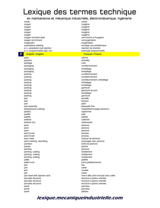 Lexique des termes techniqueLexique des termes techniqueLexique des termes techniqueLexique des termes technique
en maintenance et mécanique industrielle, électromécanique, ingénierieen maintenance et mécanique industrielle, électromécanique, ingénierieen maintenance et mécanique industrielle, électromécanique, ingénierieen maintenance et mécanique industrielle, électromécanique, ingénierie
oxyde oxyde
oxygen oxygène
oxygen oxygène
oxygen oxygène
oxygen oxygène
oxygen oxygène
oxygen enriched blast vent enrichi à l'oxygène
oxygen enrichment suroxygénation
oxygenator oxygénateur
oyacetylene welding soudage oxy-acétylénique
p.c.i.;powdered coal injection injection de charbon
p.l.c.;programmable logic con- automate programmable
P p_English / Anglais p_Français / French
pace rythme
pack(to) emballer
package colis
packaging conditionnement
packaging emballage
packaging emballage
packing conditionnement
packing conditionnement
packing conditionnement, emballage
packing emballage
packing emballage
packing garniture
packing garniture de joint
packing emballage
packing garniture
pad semelle
pad tampon
pad patin
pad assembly plaquette finie
pad(pressure casting) maselotte(moulage pression)
pad(to) capitonner
paddle pale
paddle palette
padlock cadenas
padlock (to) cadenasser
paint peinture
paint peinture
paint peinture
paint brush pinceau
paint brush pinceau
paint mark marque de peinture
paint marking, stencilling marquage avec peinture
paintbox boîte de peinture
painter peintre
painting peinture
painting, coating revêtement
painting, coating revêtement
painting, coating revêtement
pallet palette
pallet truck trans-palette(chariot)
pan bac
pan carter
pan cuvette
pan carter
pan head with tapered neck rivet à tête cône tronqué avec collet
pancake structure structure à grains orientés
pancake structure structure à grains orientés
pancake structure structure à grains orientés
panel panneau
panel panneau
panel tableau
 